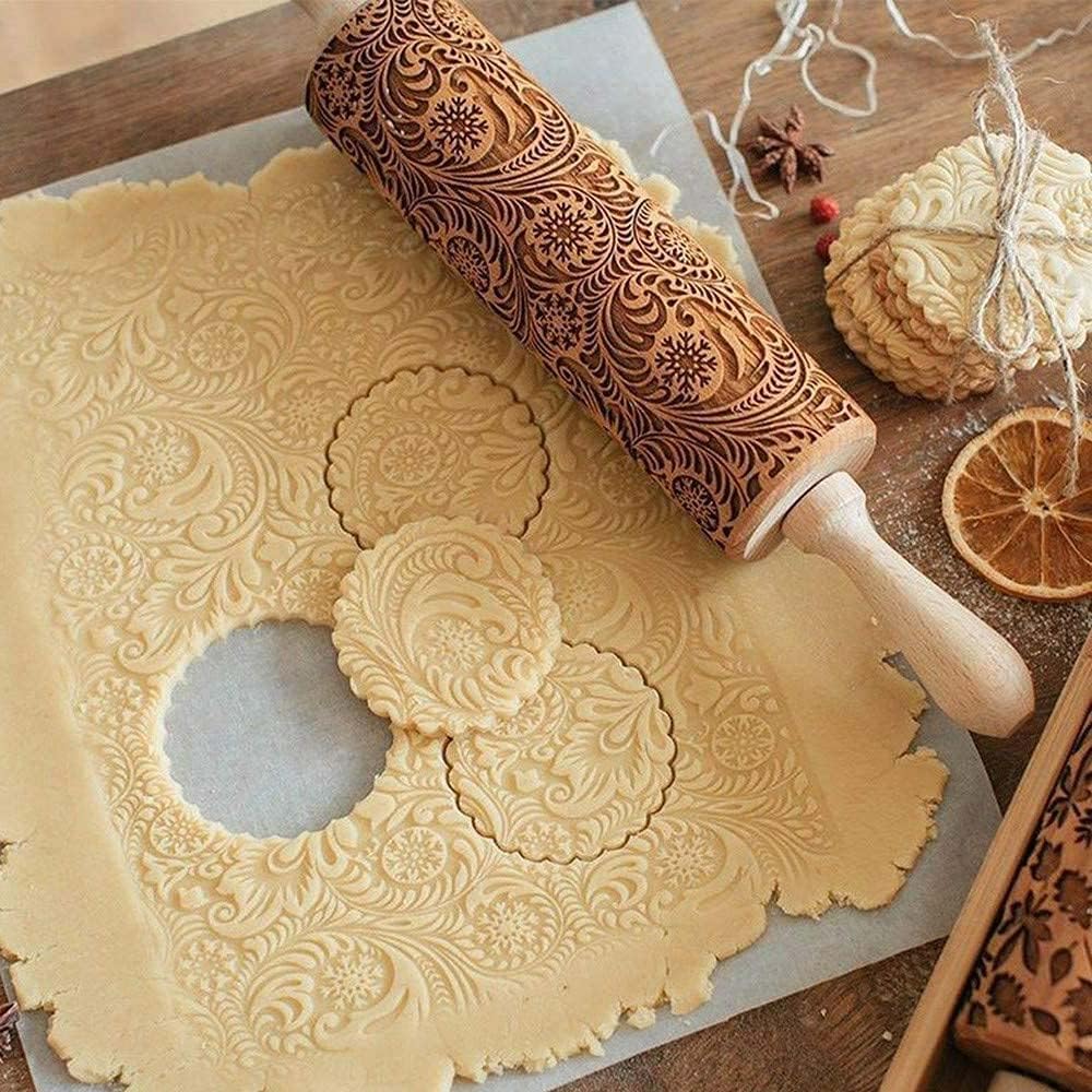 Embossed Wooden Rolling Pin, Natural Wood Carved Engraved