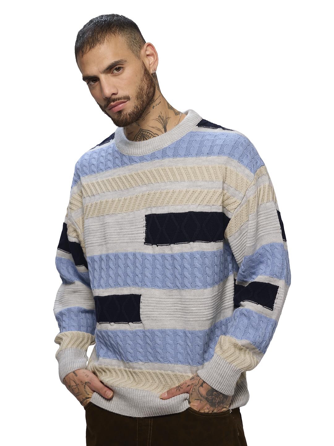 the souled store Cable Knit Pullover: Ocean Dune Men and Boys Long Sleeves Round Neck Multicolored Acrylic Oversized Pullovers-picture-48