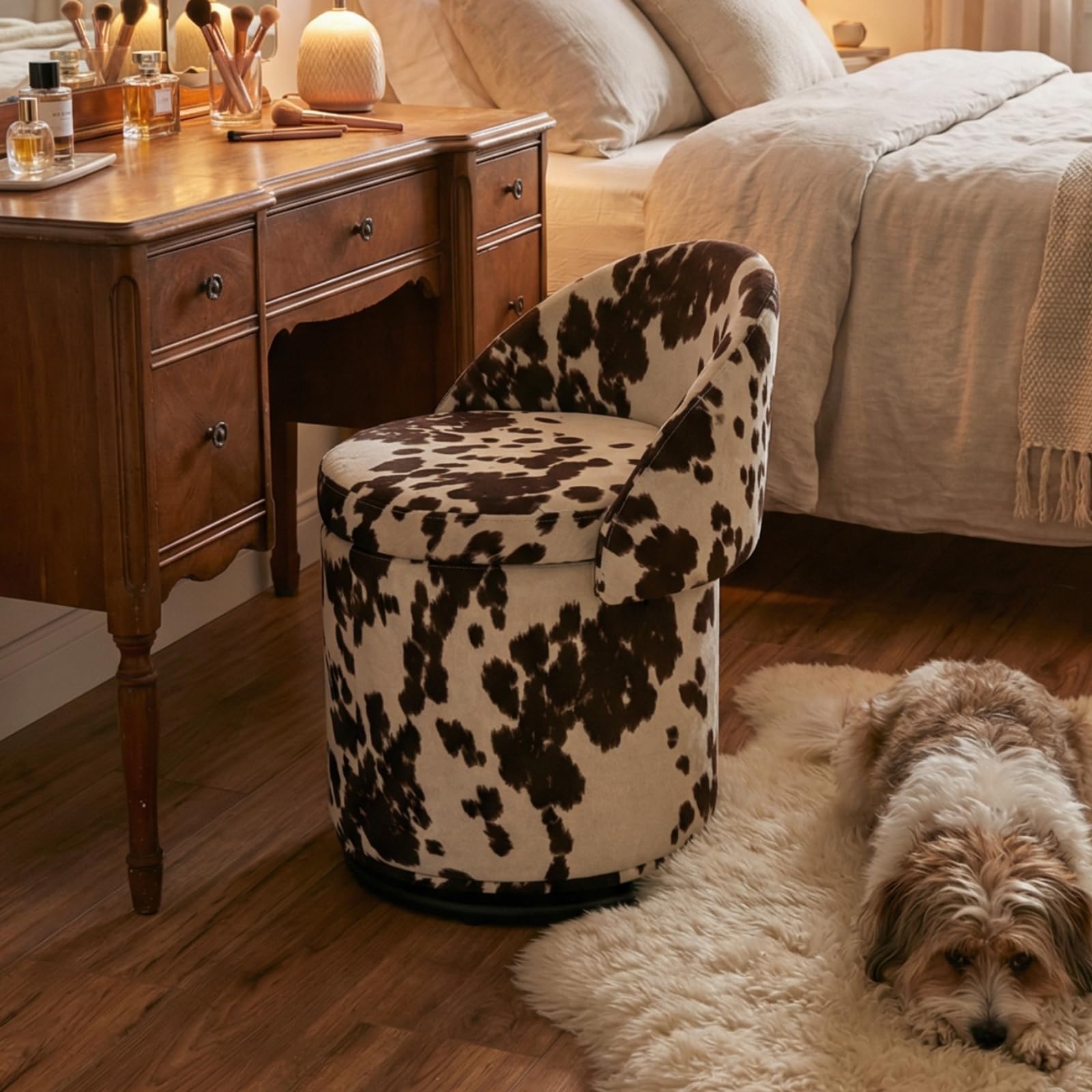 Ya-Home Modern Swivel Ottoman Vanity Chair, Linen Upholstered Barrel Club 360°Degree Swivel Side Stool with Storage, Comfy Makeup Stool for Bedroom