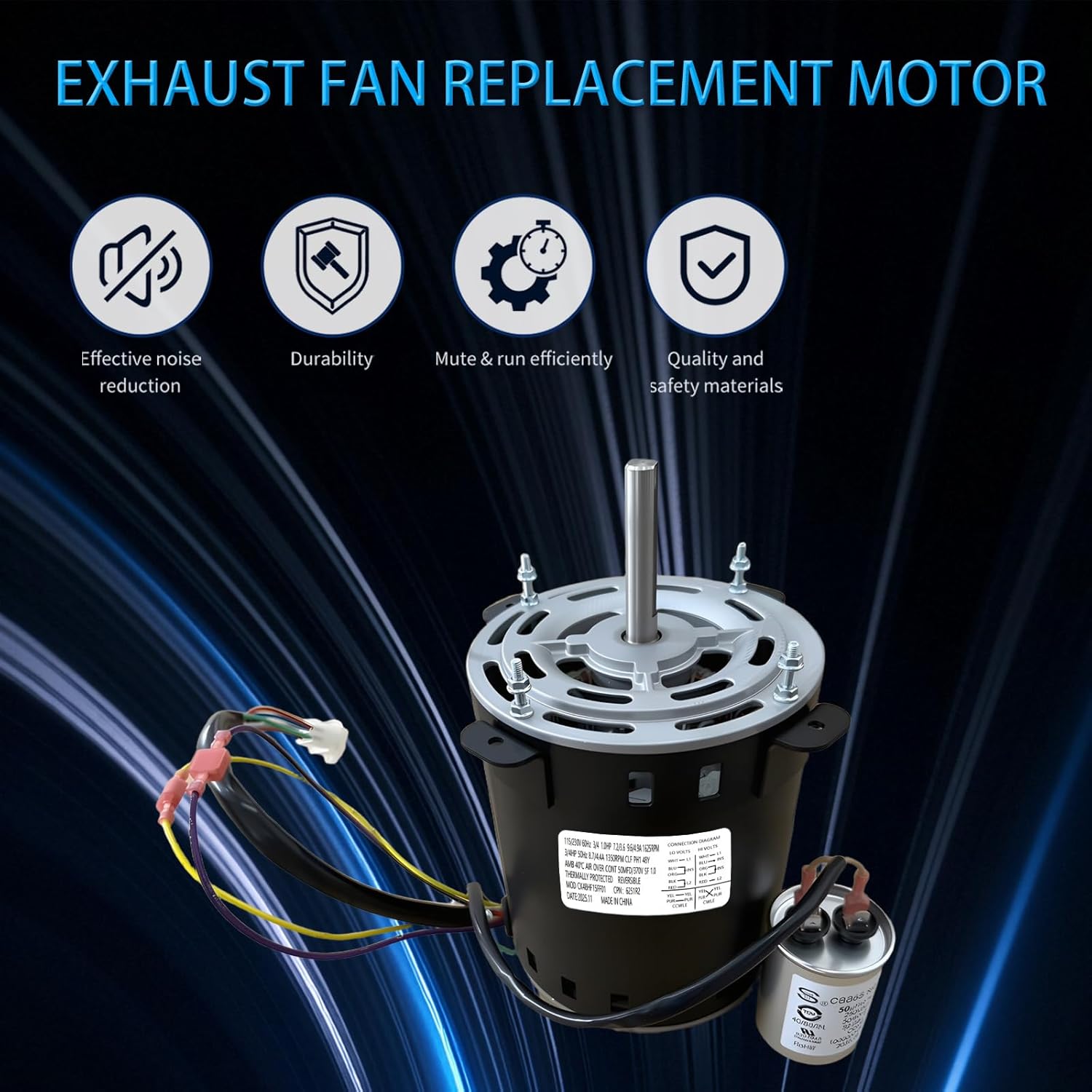 CK48HF15FF01 48A17011039 Direct Drive Exhaust Fan Replacement Motor 3/4 HP 115V/1PH/60Hz 230V/1PH/60Hz 1625 RPM with Capacitor Side Lugs Double Flat Shaft for DU85L DU85H DR85L DR85H