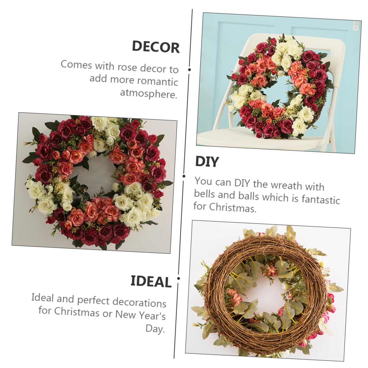 Künstlicher Rosenkranz, Dekorative Girlande für Tür und Wand | Rattan und Spun Silk, Selbstgemacht und Weihnachtsdeko, Blumenkranz mit Rosen Dekor