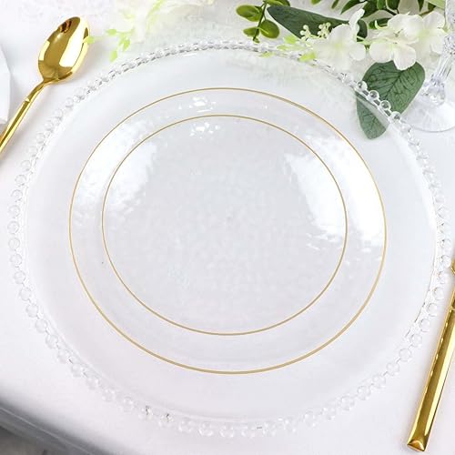 Miniatura 138 de Efavormart - Paquete de 10 platos redondos de plástico martillado transparente de 9 pulgadas para aperitivos de postres con borde dorado, plato