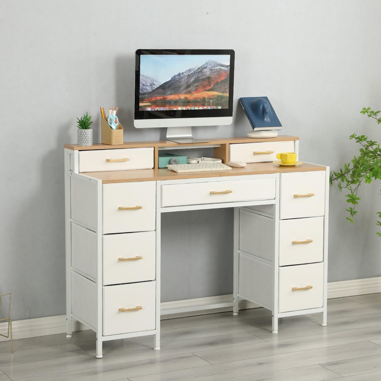 HOME CUBE Chest of Drawers Modern Vanity Dressing Table, Study Table, Computer Desk with 9 Fabric Drawer Open Shelves Multipurpose Table Fabric Storage Cabinet for Living Room Bedroom (120x40x90cm)-image-9