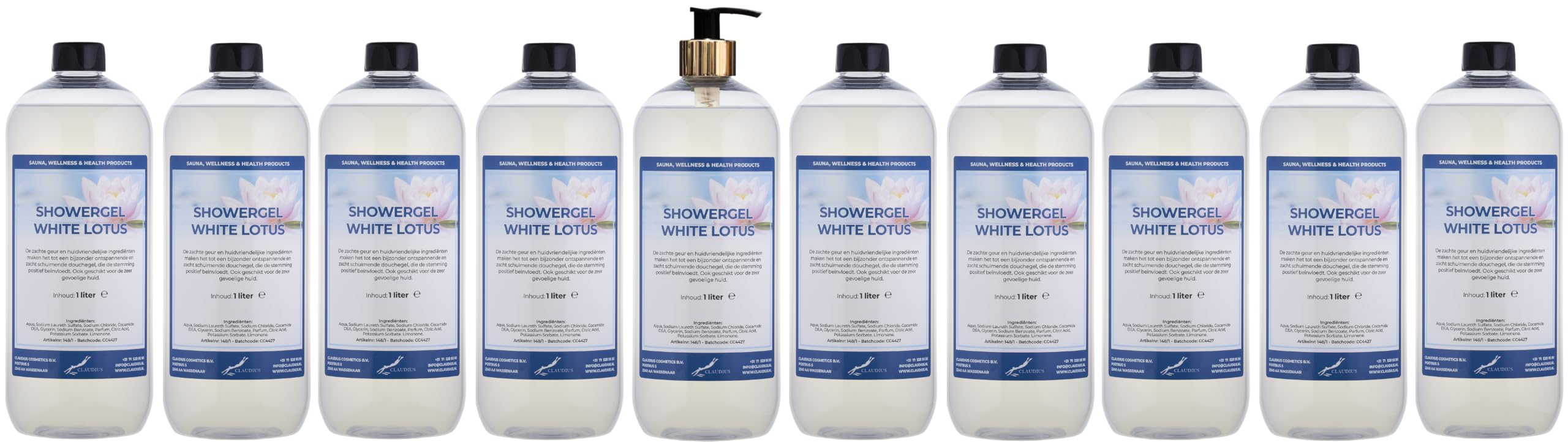 Duschgel White Lotus 10 x 1 Liter mit Goldpumpe (transparent)