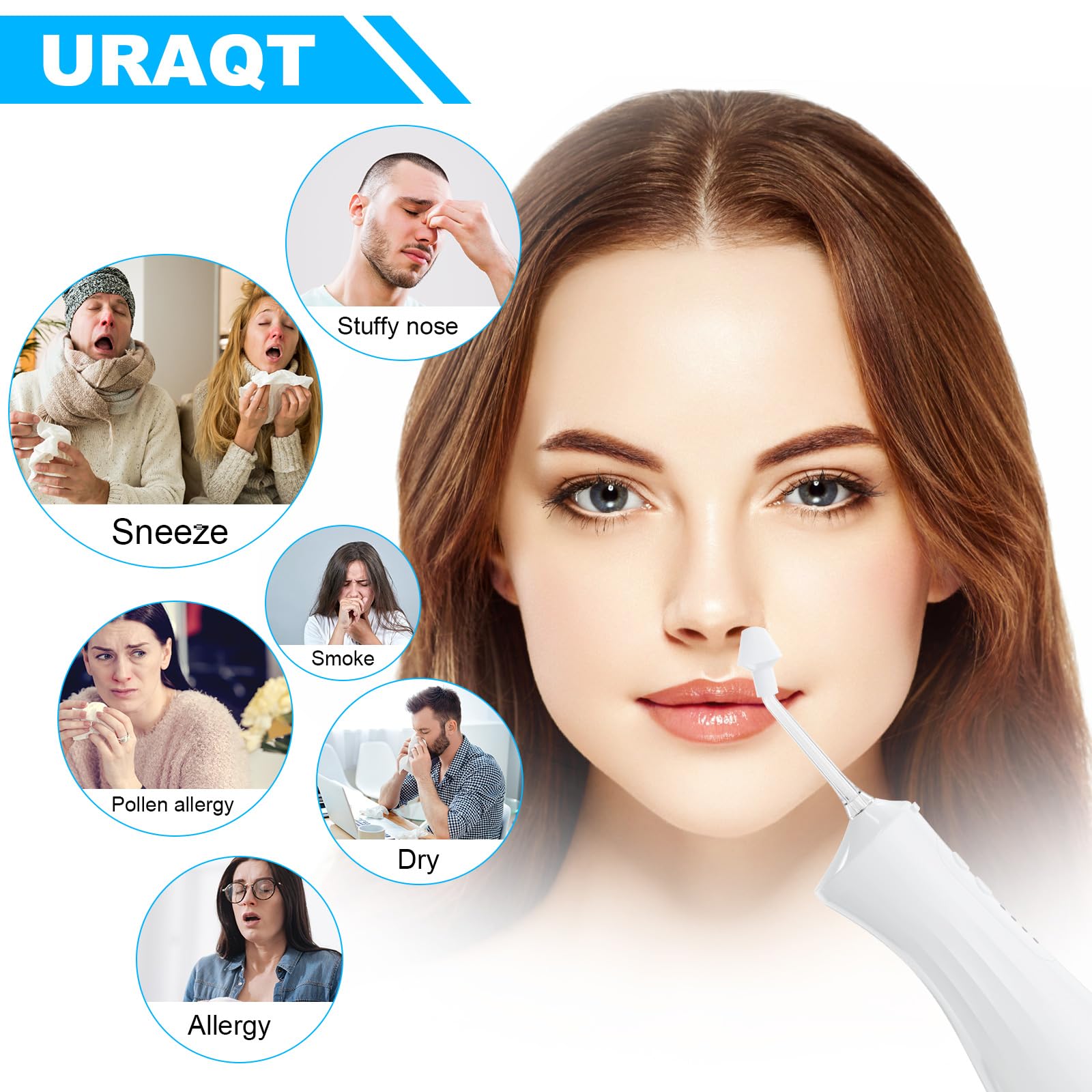 URAQT Kit d'irrigation nasale, Pot Neti électrique Lavage de Nez, Kit Lavage de Nez Adulte/Enfant avec 4 Douche Nasale et 40 sachets de sel, Kit Sinus Rinse/Irrigation Nasale/Neti Pot（Transparent）