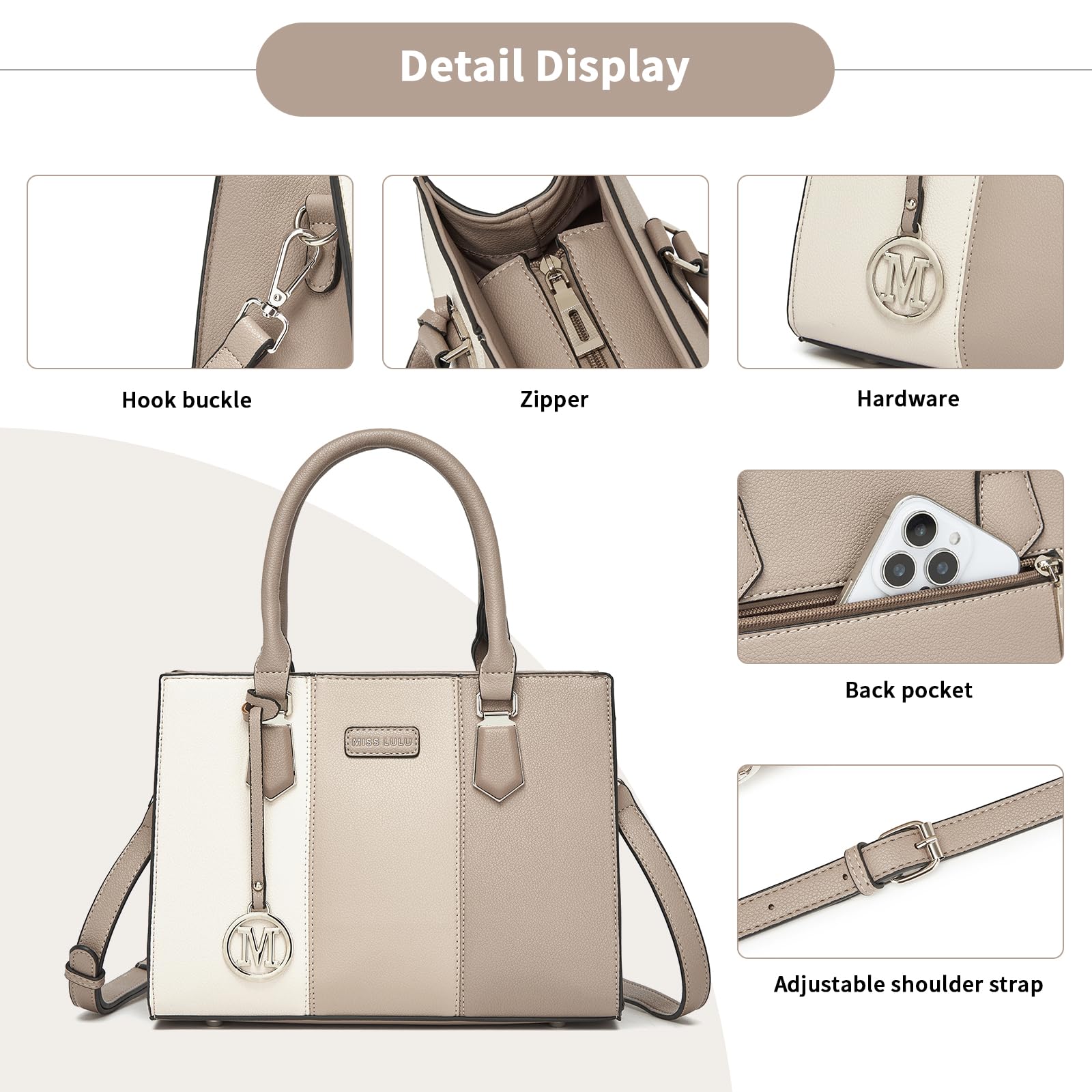 Miss Lulu Bolsos de Mujer,Bolso de Mano Tri-color en Material PU,Ideal para Estudiar Trabajar y Uso Cotidiano
