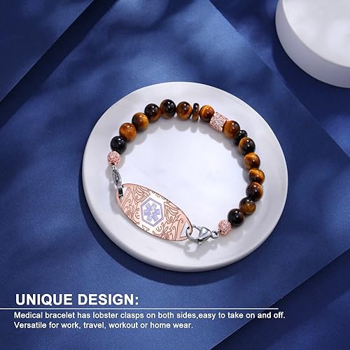 Miniatura 4 de Pulseras de alerta médica para mujeres y hombres, pulsera de identificación médica personalizada, 7 chakras con cuentas de emergencia, pulsera de