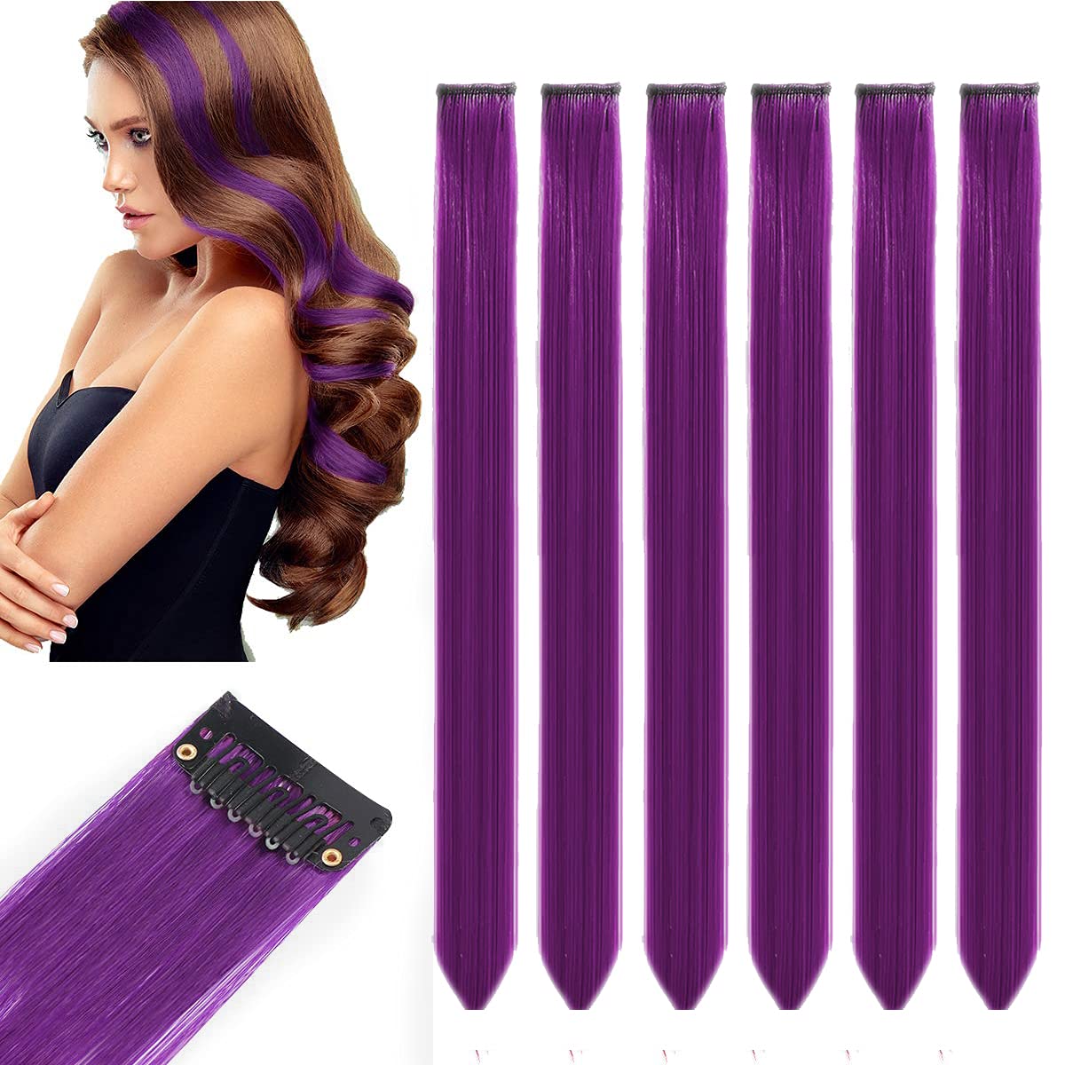 OSEN Colored Hair Streak Hair Extensions for Women and Girls Colored Hair for Highlighting, Pack of 1 (Set Of 6 Pieces, Purple)-image-23