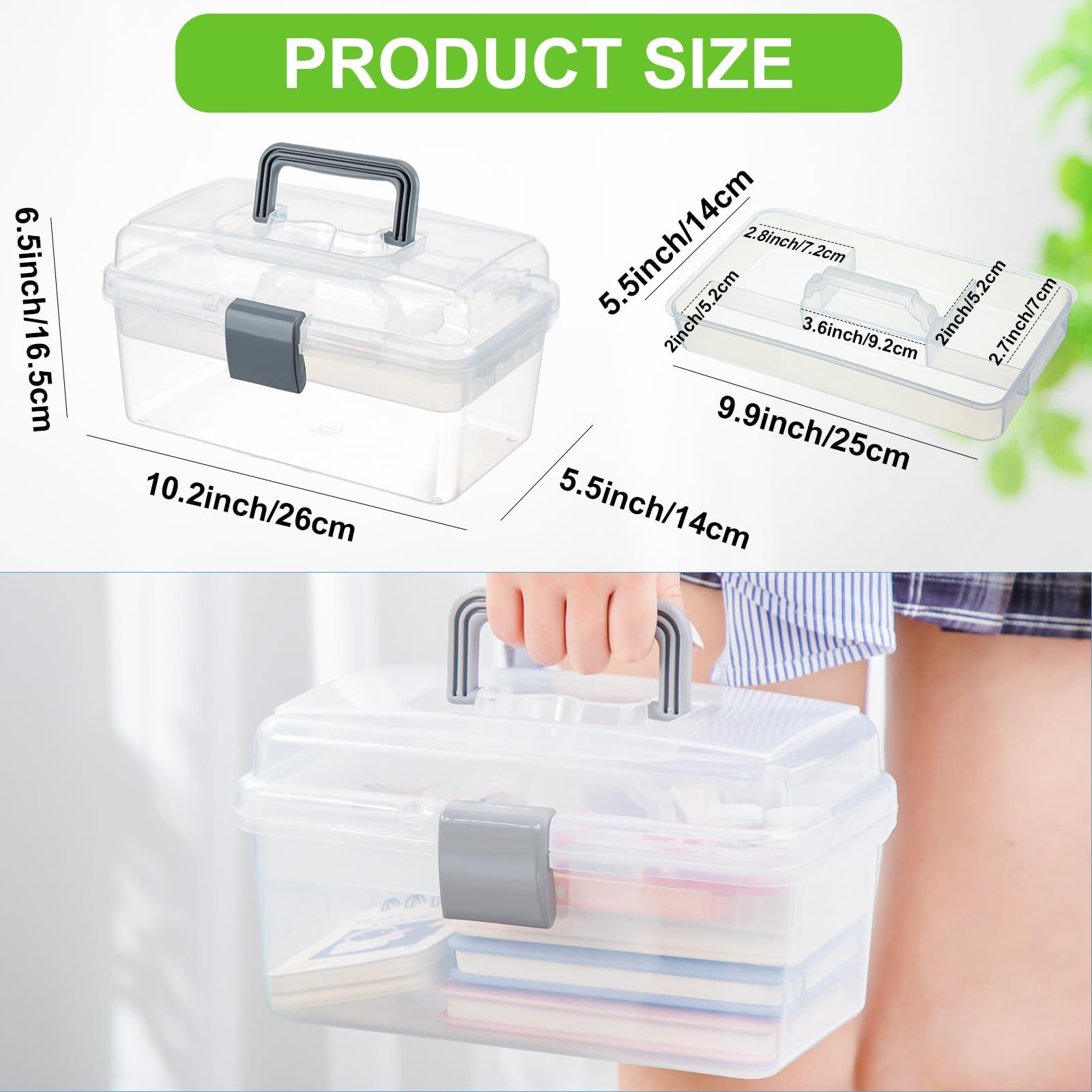 Leinuosen 2 Pcs 10.2 x 6.5 x 5.5 Inch Modern Multipurpose Storage Containers Plastic Storage Box with Removable Tray Handle (Transparent White)