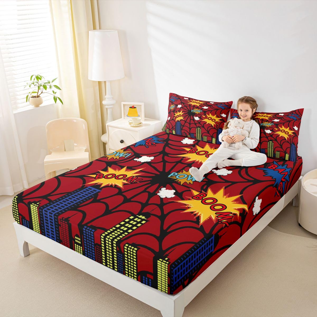 Sábana bajera ajustable de telaraña tamaño King (no plana), juego de ropa de cama de 3 piezas, diseño de edificio urbano de dibujos animados, decoración de habitación de niños y mujeres, sábanas con