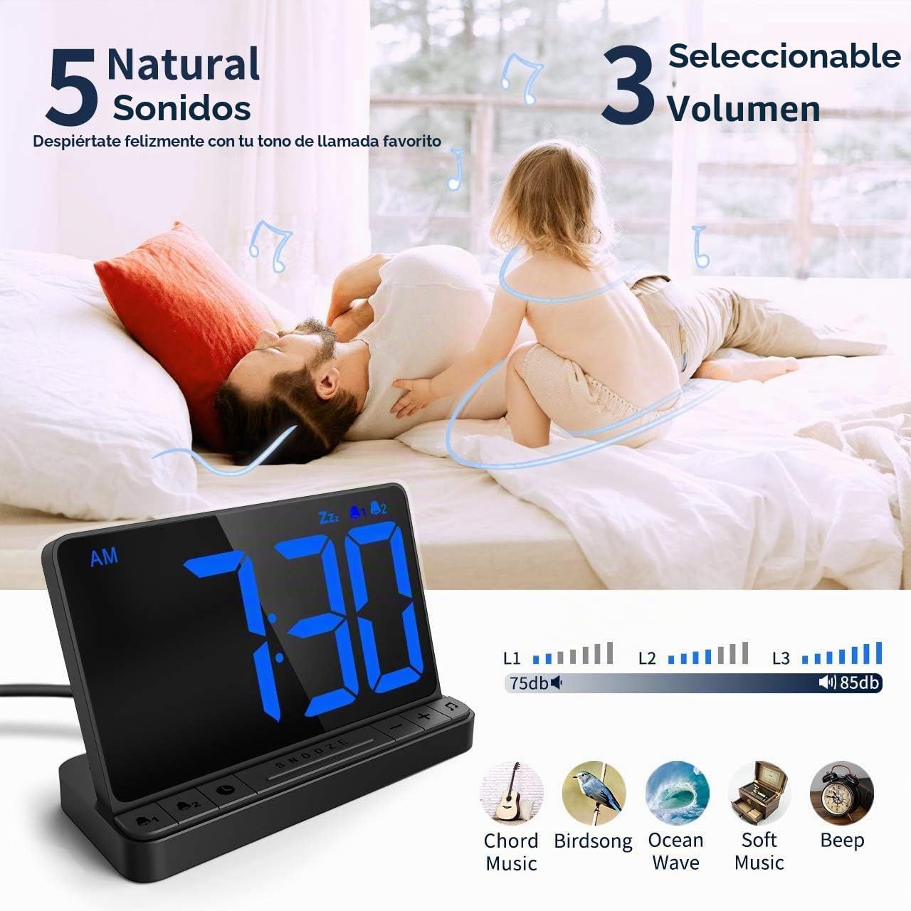 NOKLEAD Reloj Despertador Digital - Reloj Digital Sobremesa con 5 Sonidos de Alarma, Brillo Ajustable, Reloj Digital con Cargador USB, Pantalla LED Grande de 6.5 ", repetición y 12/24 Horas