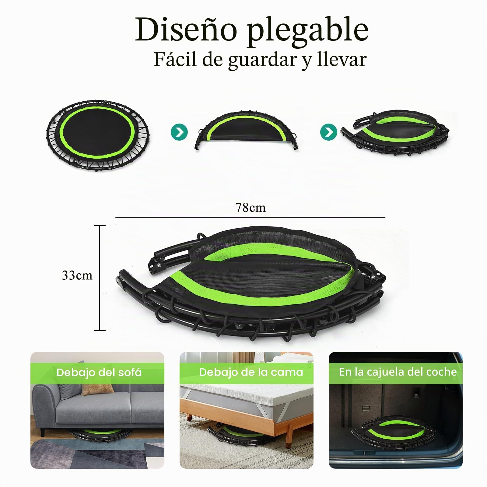 LIFEZEAL Fitness Trampolín Plegable φ101cm, Jumper con Barra de Seguridad, 2 Bandas de Resistencia, Altura Ajustable 107,5-130,5 cm, Estructura de Acero, Capacidad 150 kg, Interior y Exterior