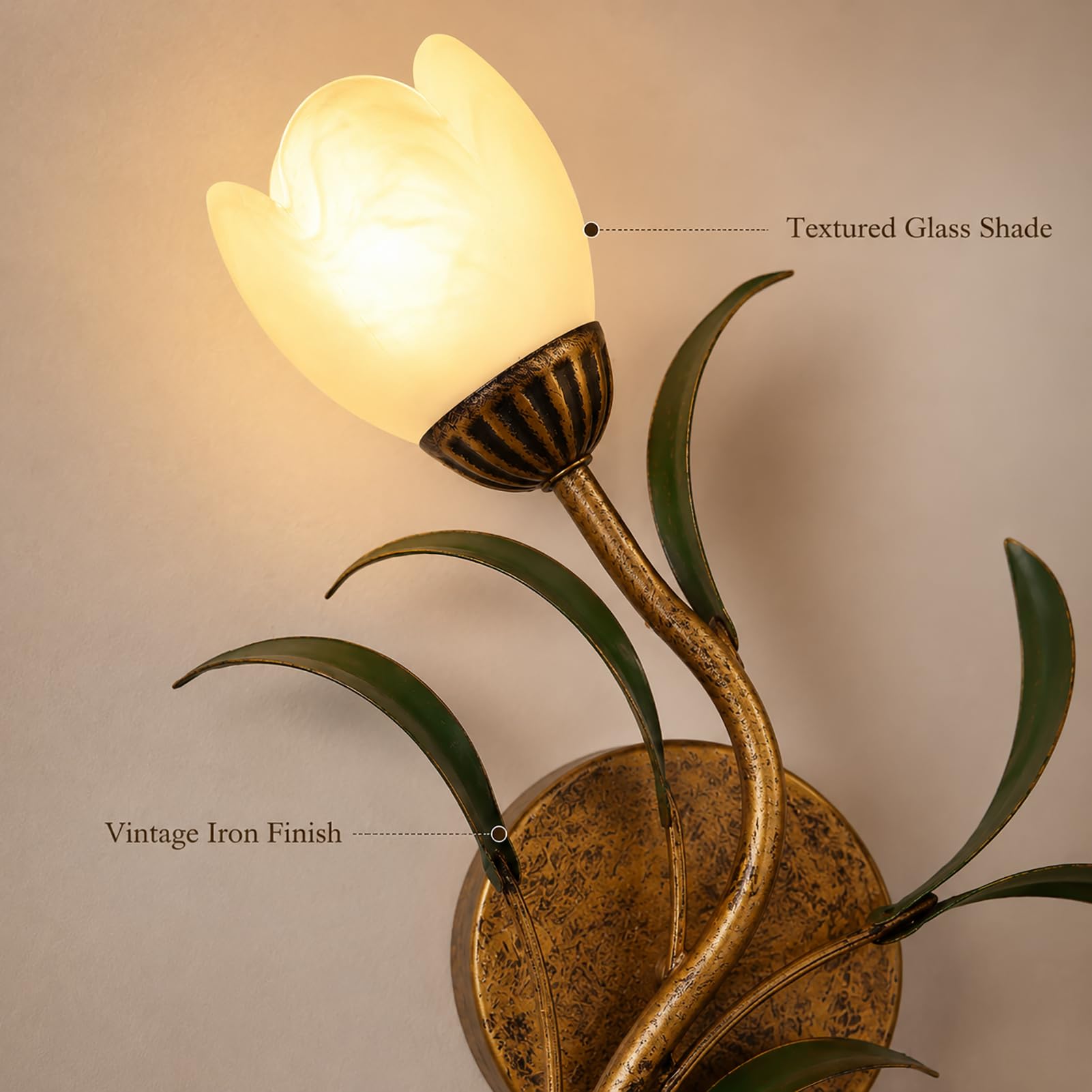Vintage Blumen-Wandleuchte E14 inkl. 12W LED, Wandlampe aus Glas und Eisen, 3 Lichtfarben 3000K/4500K/6000K, kupferfarben für Schlafzimmer Wohnzimmer Flur,Left | 1