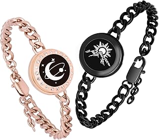 Long Distance Touch Bracelets,Vibration & Light up Remote Smart Matching Couples Bracelet for Couples Long Distance Relationship Girlfriend Boyfriend Black Gold Jewelry Set