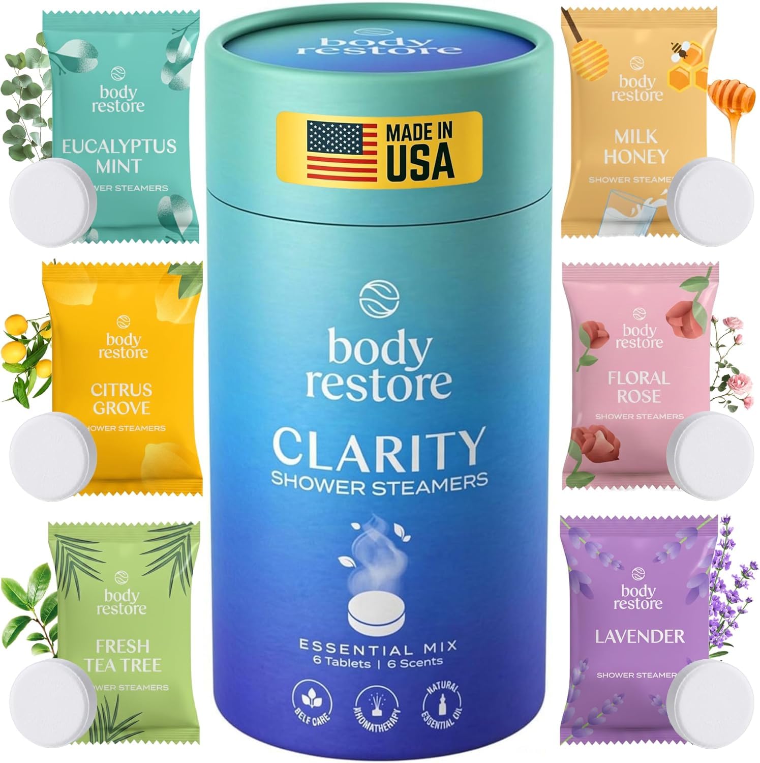 Body Restore Shower Steamers Aromatherapy 6 Pack - Birthday Gifts for Men, Women, Dad Gift, Stress Relief, Relaxation, Self Care - Clarity