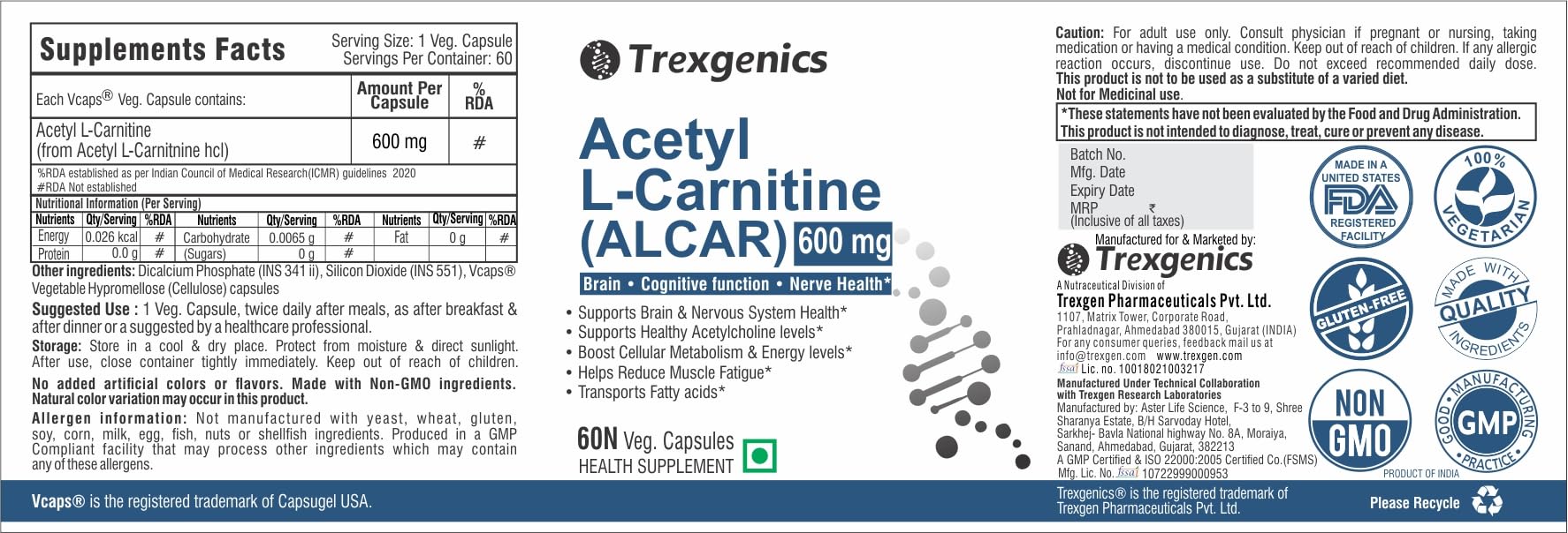 acetyl-l-carnitine rda Trexgenics ACETYL-L CARNITINE (ALCAR) 600 mg Nervous System, Cognitive Function, Metabolism, Energy Support VEGAN & NON-GMO (60 Veg. Capsules) (Pack Bioadvanced APLB Glutathione Niacinamide Cleansing Strength:0.5%