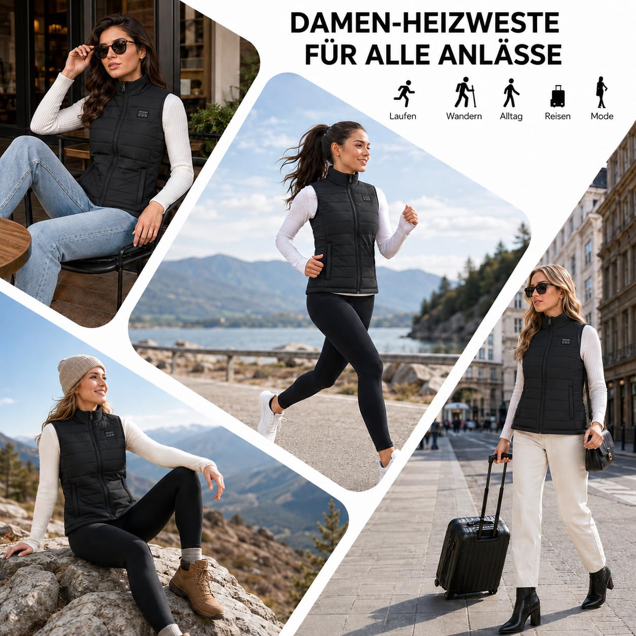 Beheizbare Weste für Damen mit 15 Heizzonen Heizweste für Wandern, Skifahren, Radfahren und Outdoor-Arbeit (Powerbank nicht enthalten)