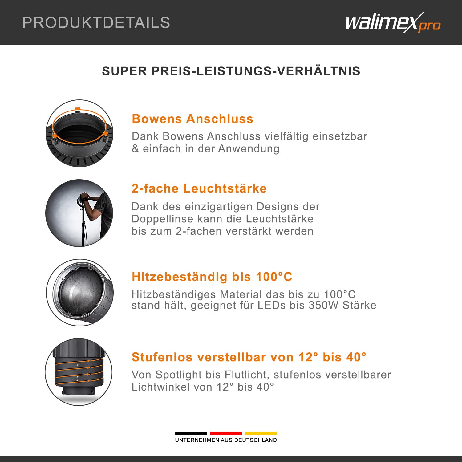 Walimex pro Zoomspot - Faretto regolabile da 12° a 40°, per LED fino a 350 W, resistente al calore fino a 100 °C, compatibile con connettori Bowens/Walimex Pro