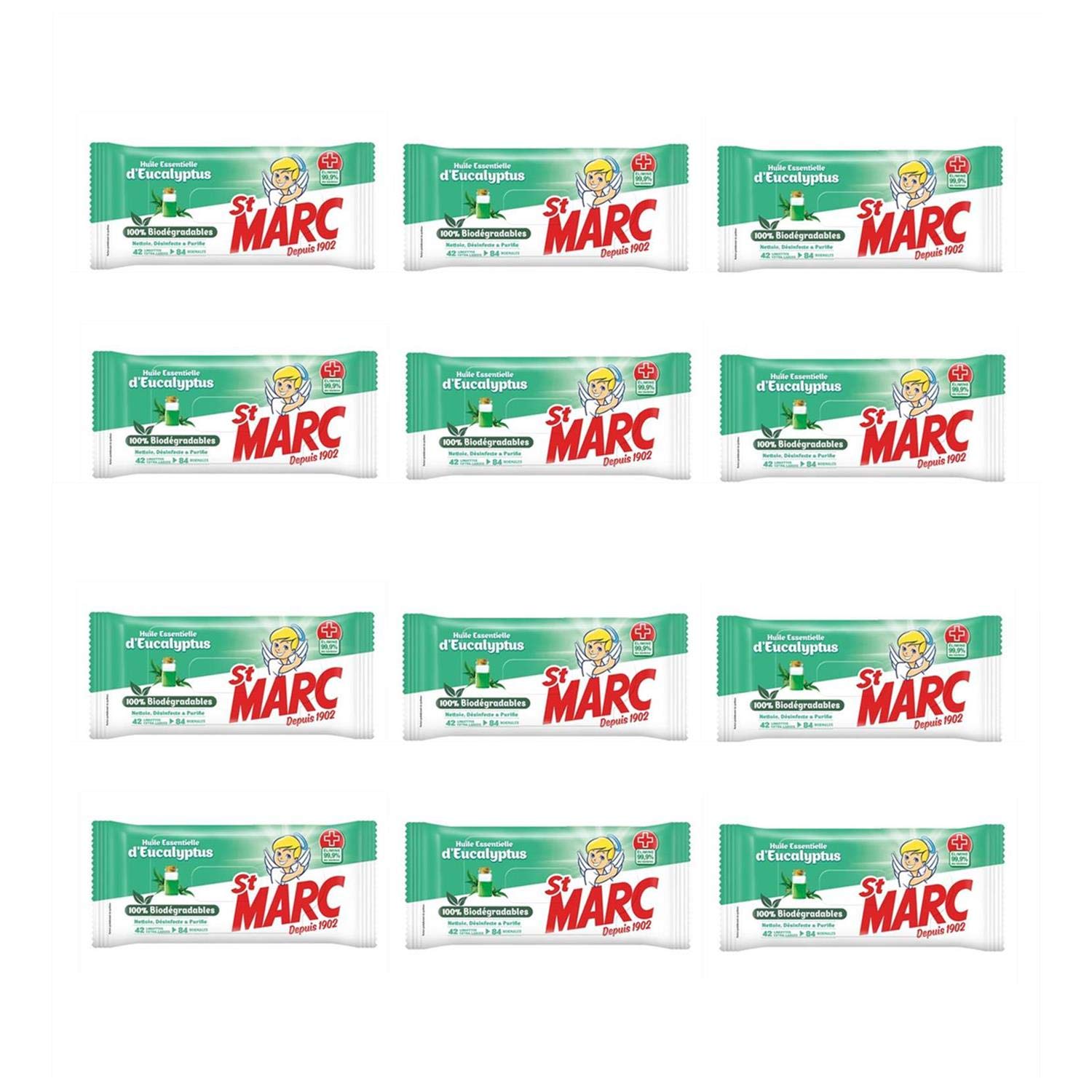 ST MARC Lot de 12 Lingettes Biodégradables Nettoyantes et Désinfectantes aux Huiles Essentielles d'Eucalyptus x42