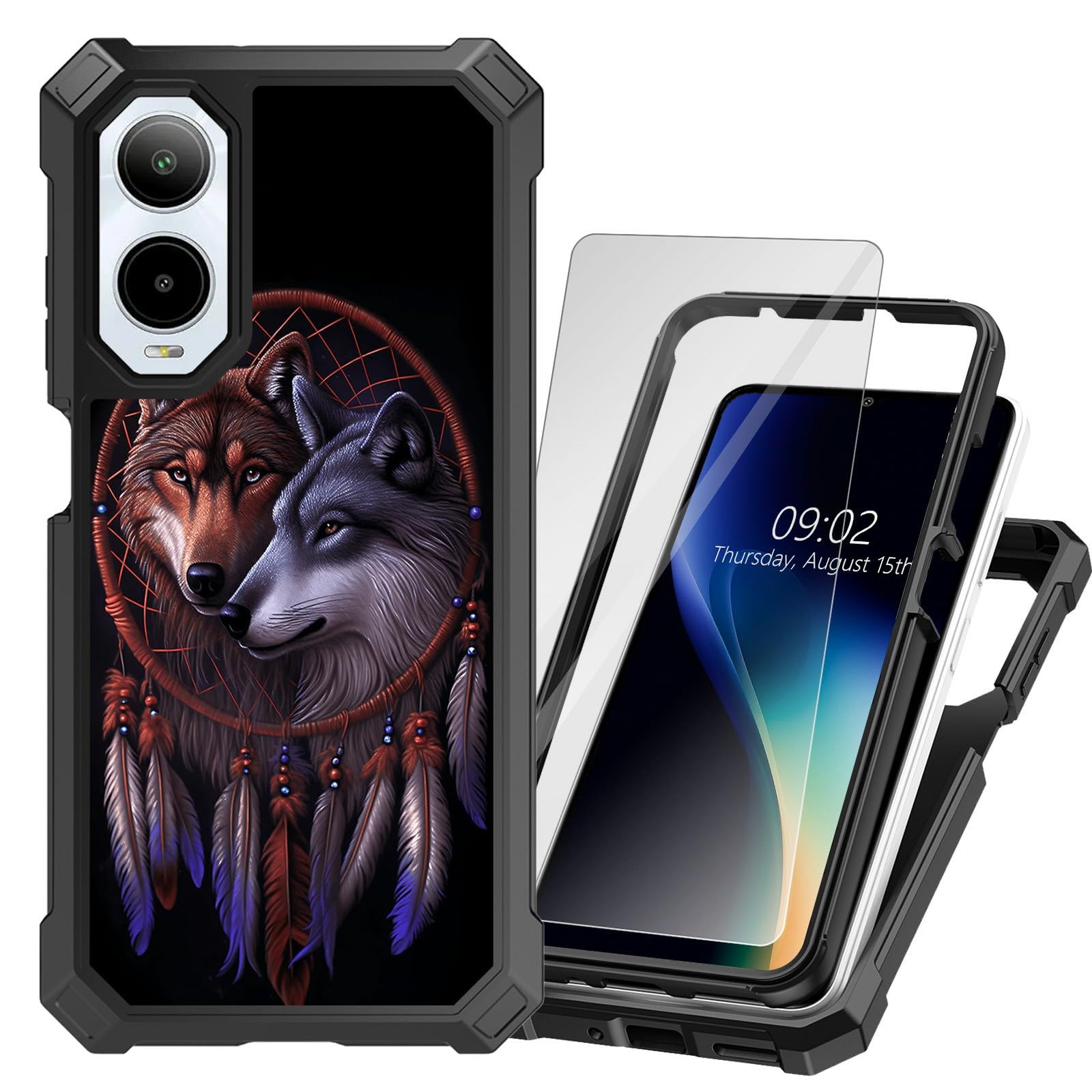 DHYYDSQZ for Cricket Icon 6 SL219C Phone Case for ATT Verge SL219A with Tempered Glass Screen Protector Heavy Duty Dual Layer Hybrid TPU Bumper Wolf