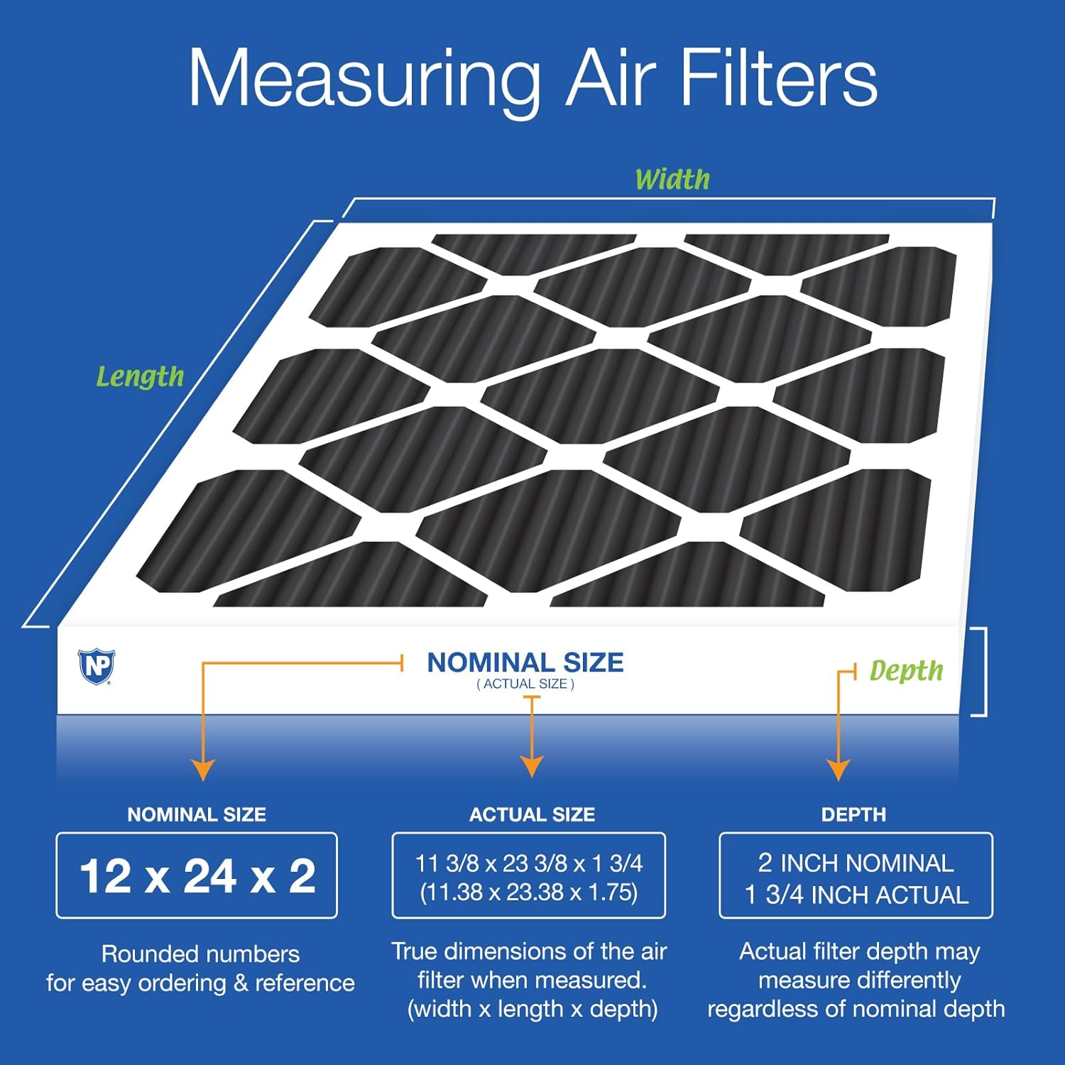 Nordic Pure 12x24x2 (Actual Size: 11 3/8 x 23 3/8 x 1 3/4) Pure Carbon Pleated Odor Reduction Merv 8 Furnace Filters 3 Pack
