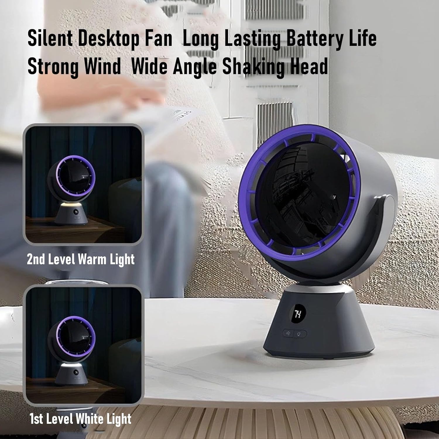 Yctze Table Fan, USB Charging Digital Display 3 Speed Adjustable High Speed Turbine Air Circulator with Ambient Night Light, for Home Office Desk Wall Mount