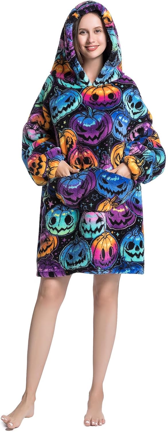 Wearable Blanket Hoodie Oversized Hooded Blanket for Adult Women Super Soft Comfortable Warm Flannel Halloween Pumpkin - Image 2