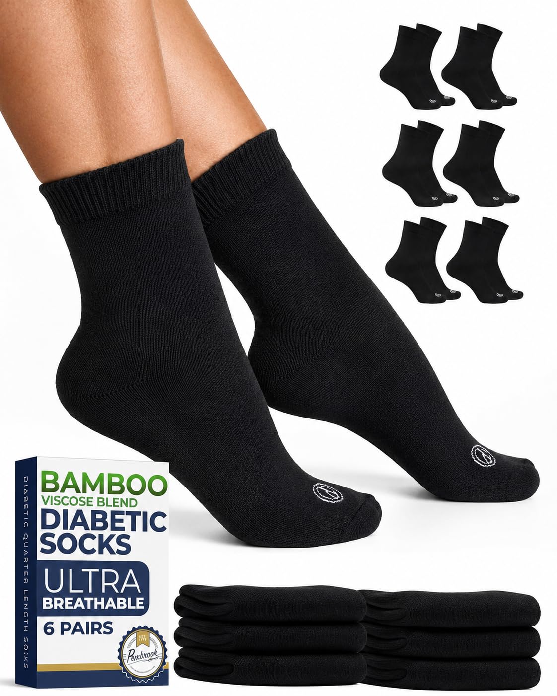 Pembrook® Bamboo Viscose Diabetic Socks for Women and Men - 6 Pairs