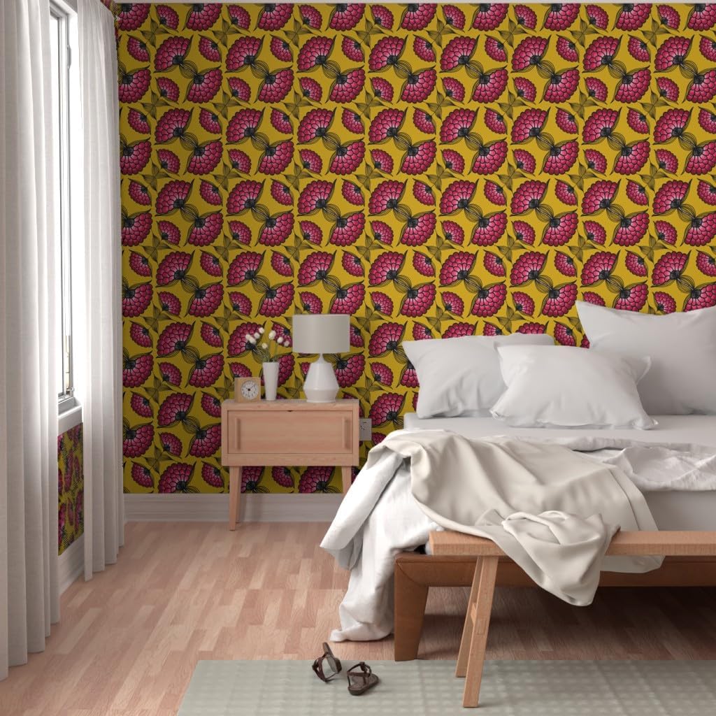 Removable Wallpaper 6ft x 2ft - African Art Cloth Pink Yellow Floral Pattern Bold Colorful Custom Pre-Pasted Wallpaper by Spoonflower