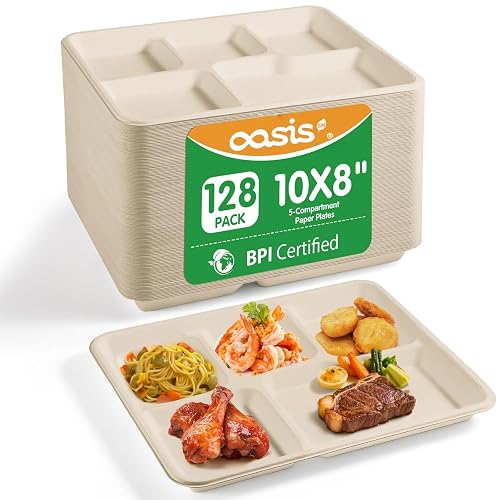 10x8 128-Pack 5-Compartment Divided Plates, Ideal for Light Meals, Kids