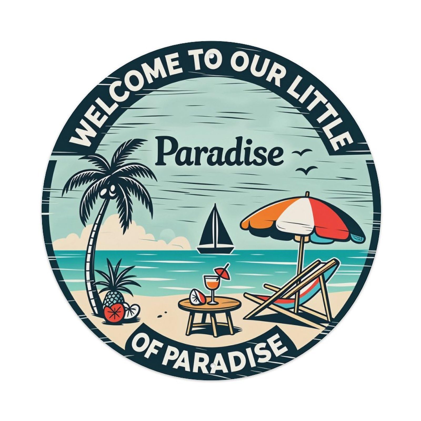 Tropical Beach Scene With Palm Tree And Umbrella Tin Sign Vintage Style Home Bar Garden Wall Plaque Decor Metal Poster 8x12 Inch