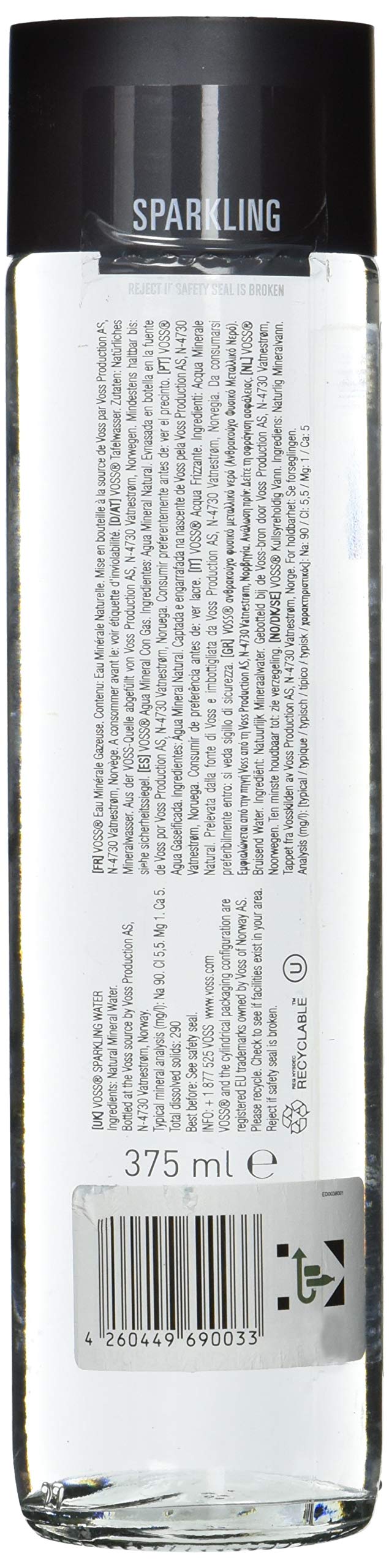 Voss Water Sparkling 375 ml, natürliches Mineralwasser mit Kohlensäure, 24er Pack (Einweg, 24 x 375 ml)