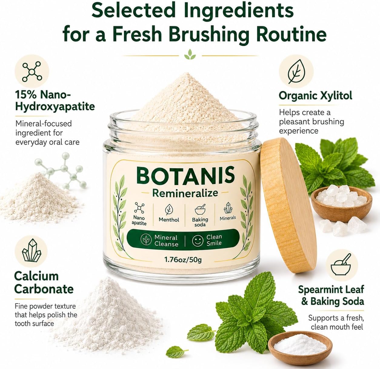 Botanis Remineralizing Tooth Powder, with 15% Nano-Hydroxyapatite, Xylitol, Calcium Carbonate, Spearmint Leaf, Baking Soda, Supports Gum Health, Daily Oral Care Powder, Fluoride Free, 1.76 oz