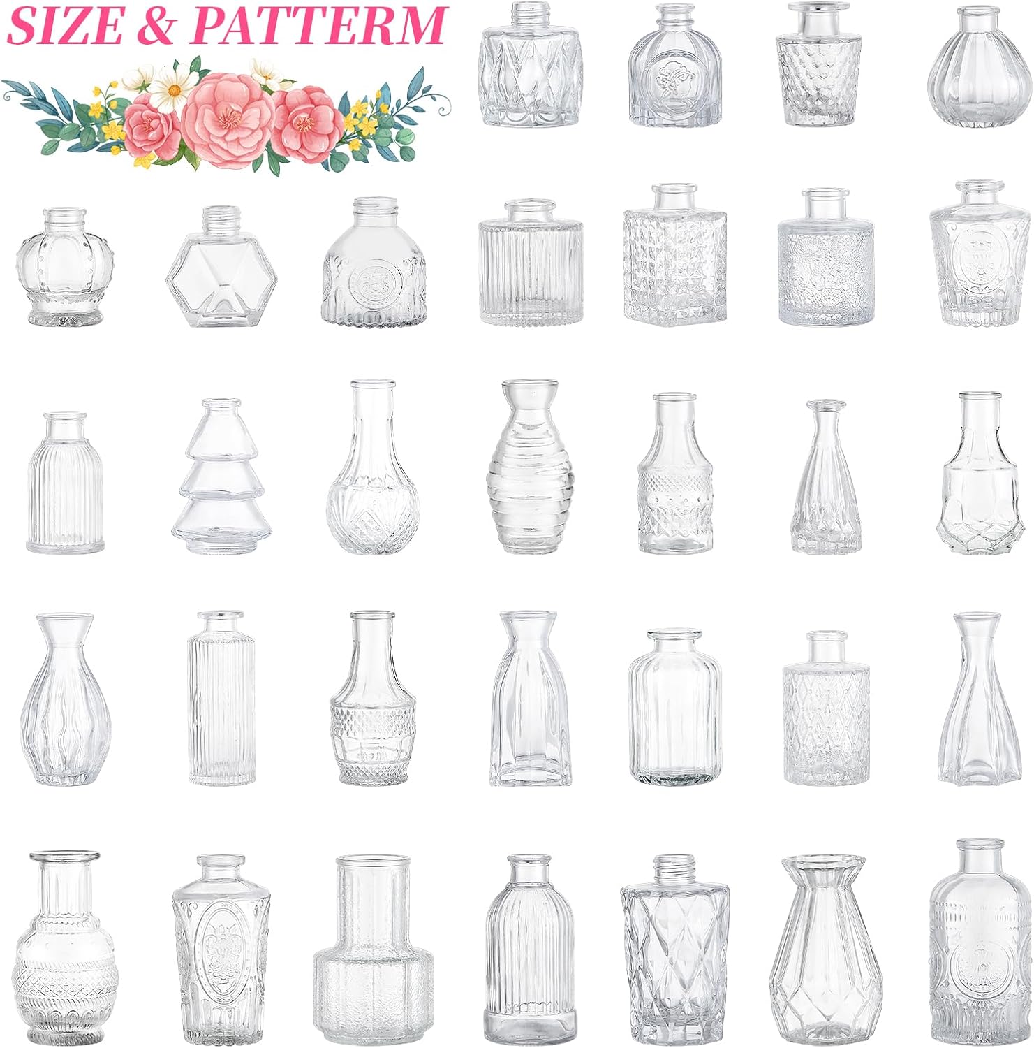 32pcs Glass Bud Vases,Small Clear Vases,Wedding Centerpiece Table Decorations,Clear Vintage Embossed Mini Vase,Flower Arrangements in Vases for Party or Home Decor