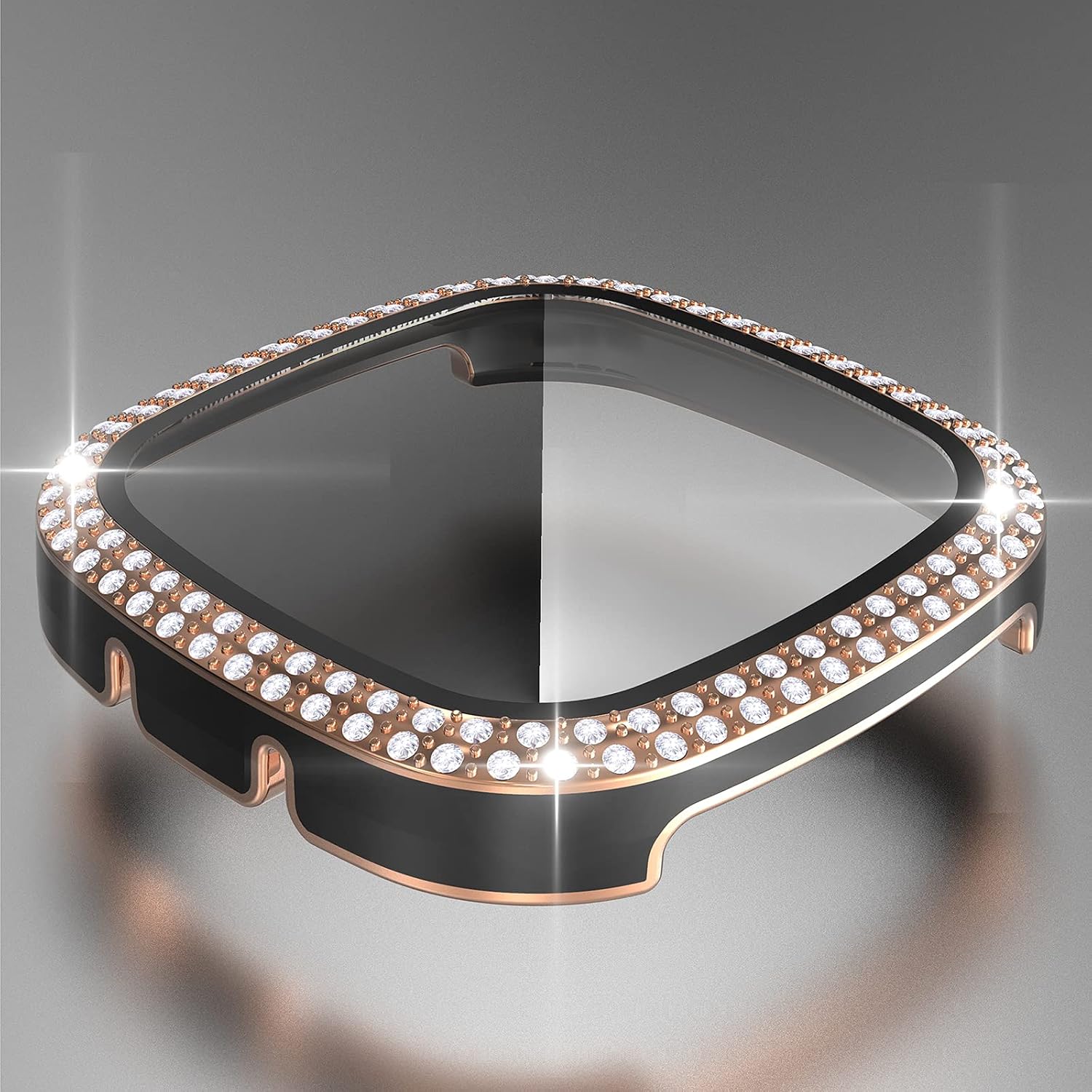 Screen Protector Case Compatible with Fitbit Versa 3 Bling Two Color Double Row Rhinestone Hard PC Case with Tempered Glass Cover for Fitbit Sense Smartwatch (Black, Versa 3/Sense)