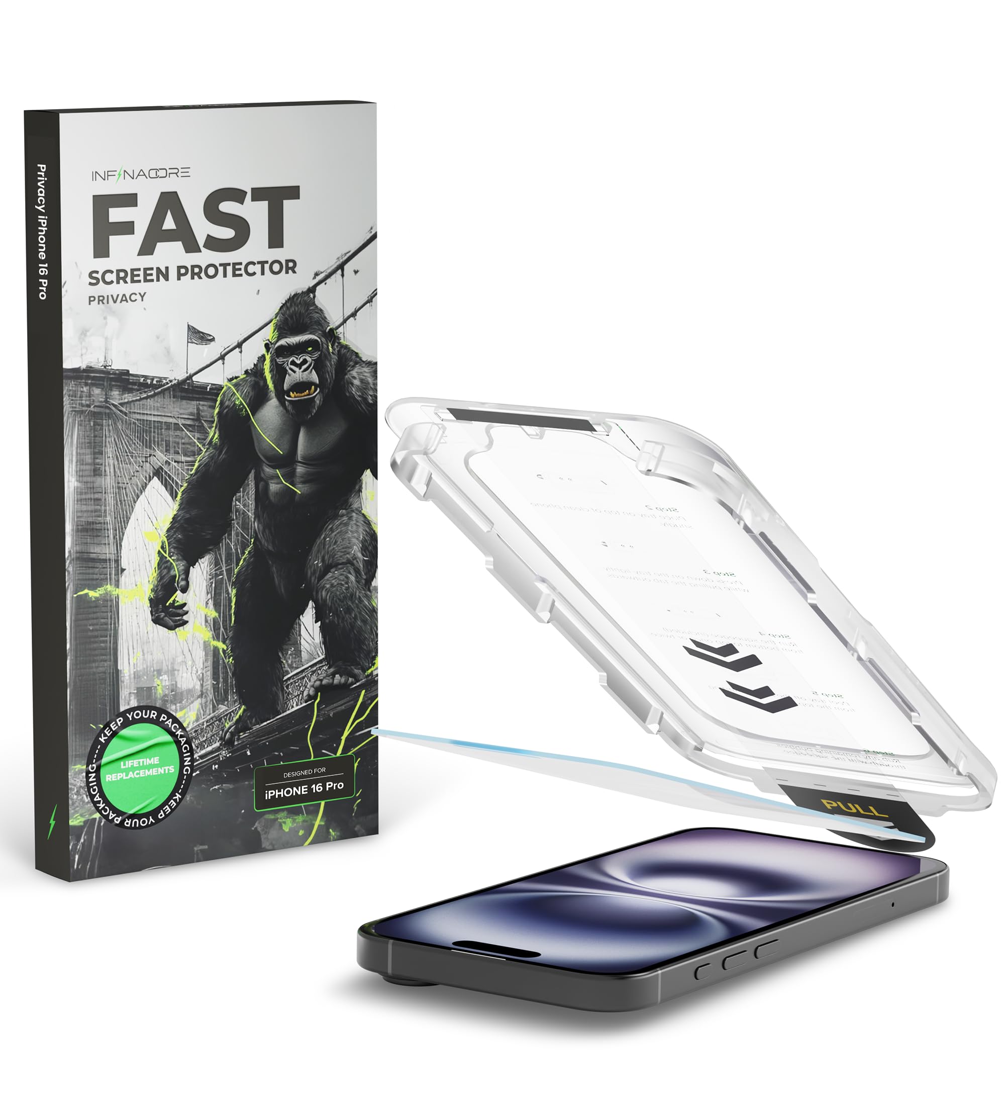 InfinaCore Fast Screen Protector for iPhone 16 Pro w/Installation Tray - Privacy Glass, Scratch-Resistant & Shatterproof, Full Coverage iPhone 16 Pro Privacy Screen Protector, Tempered Glass, 2-Pack