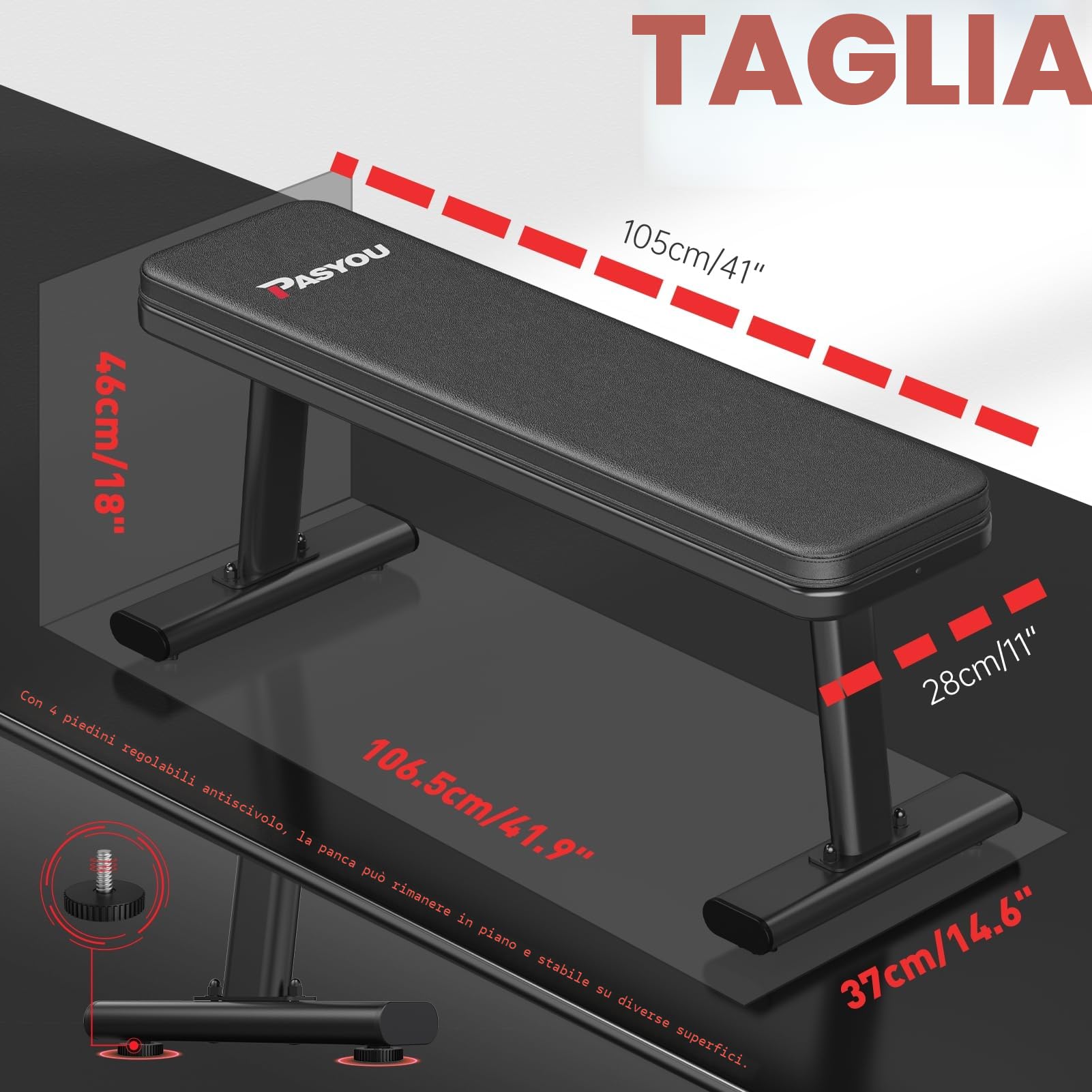 PASYOU PW100 Panca Palestra, Panca Piana Palestra Fitness Capacità di Carico Estrema 660 KG, Panca Pesi per Allenamento Completo del Corpo