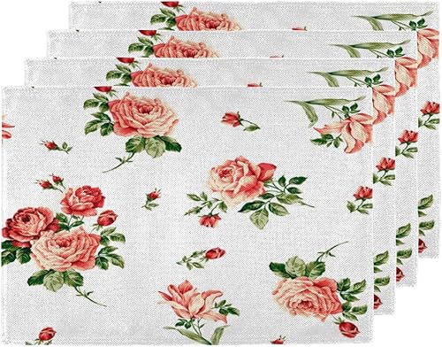Rose Plants Pattern Placemats Set of 4 Table Mats Washable Placemat Waterproof Place Mats for Party Home Dining Table Decor 18x12 in