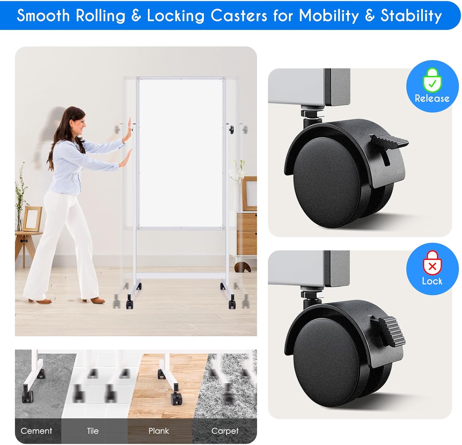 maxtek Rolling White Board, 48 x 24 Height Adjustable Whiteboard on Wheels, Large Magnetic Standing Mobile Easel Board, Double-Sided with Stand for Office, Home, and Classroom