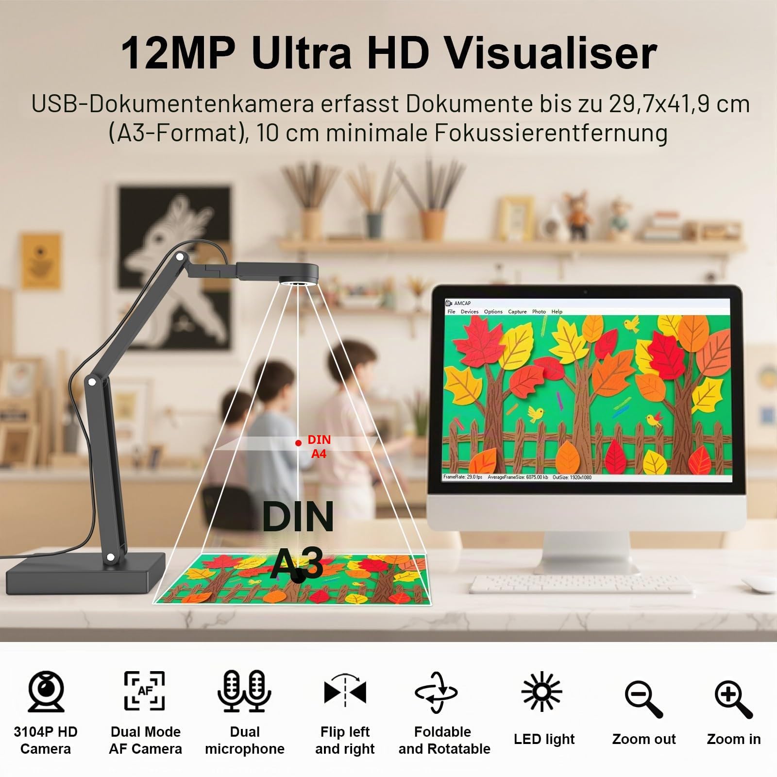 12MP Dokumentenkamera Schule, 4K Visualizer für Klassenzimmer - A3-Format, LED Licht, MIC, Drehen, Spiegeln, Mac OS, Windows - Chromebook für Fernunterricht, Webkonferenzen & Live-Demos