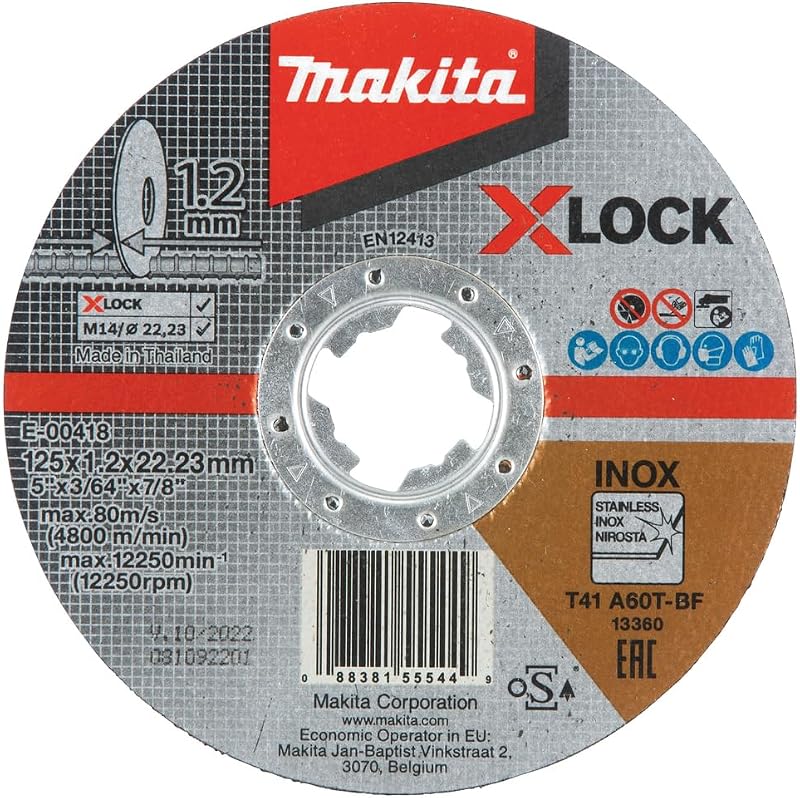 Makita E-00474 X-Lock 5" x .045" x 7/8" Type 1 General Purpose 60 Grit Thin Cut‑Off Wheel for Metal and Stainless Steel Cutting