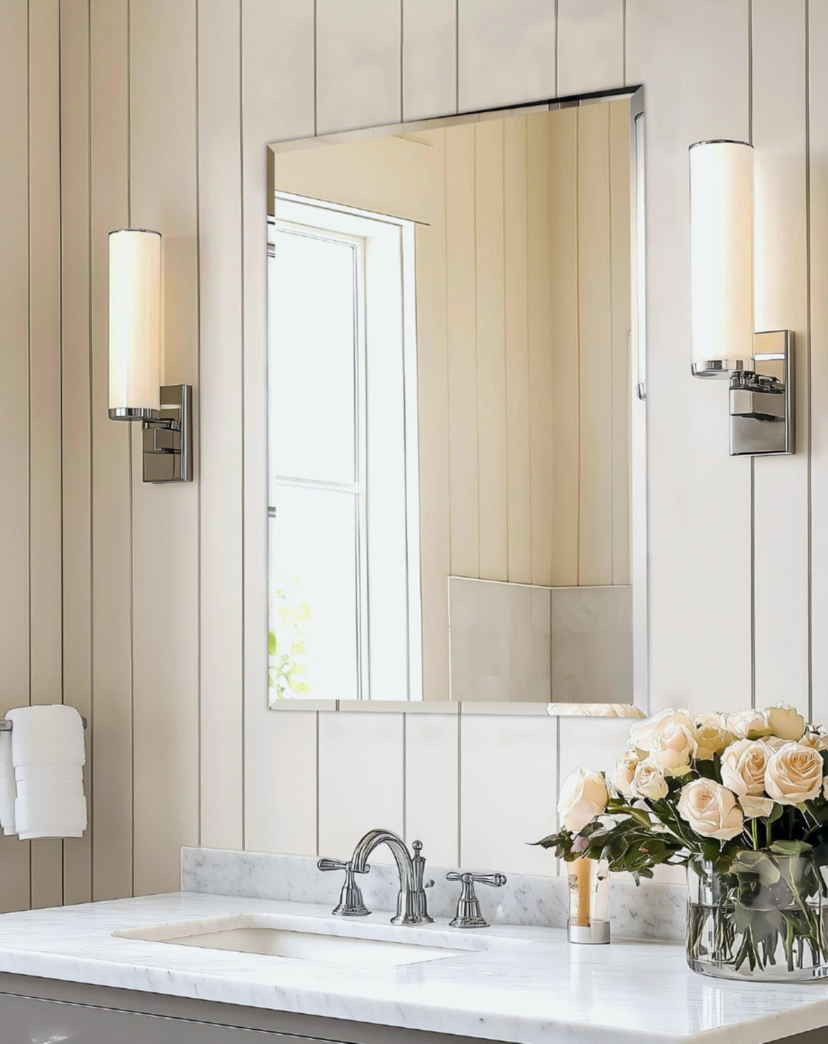 Artloge Rectangular Wall Mirror Silver Frameless : 60 x 80cm Decorative Mirrored Glass Vanity with Beveled Edge for Bathroom Living Room Entryway Hallway,Hangs Vertically or Horizontally