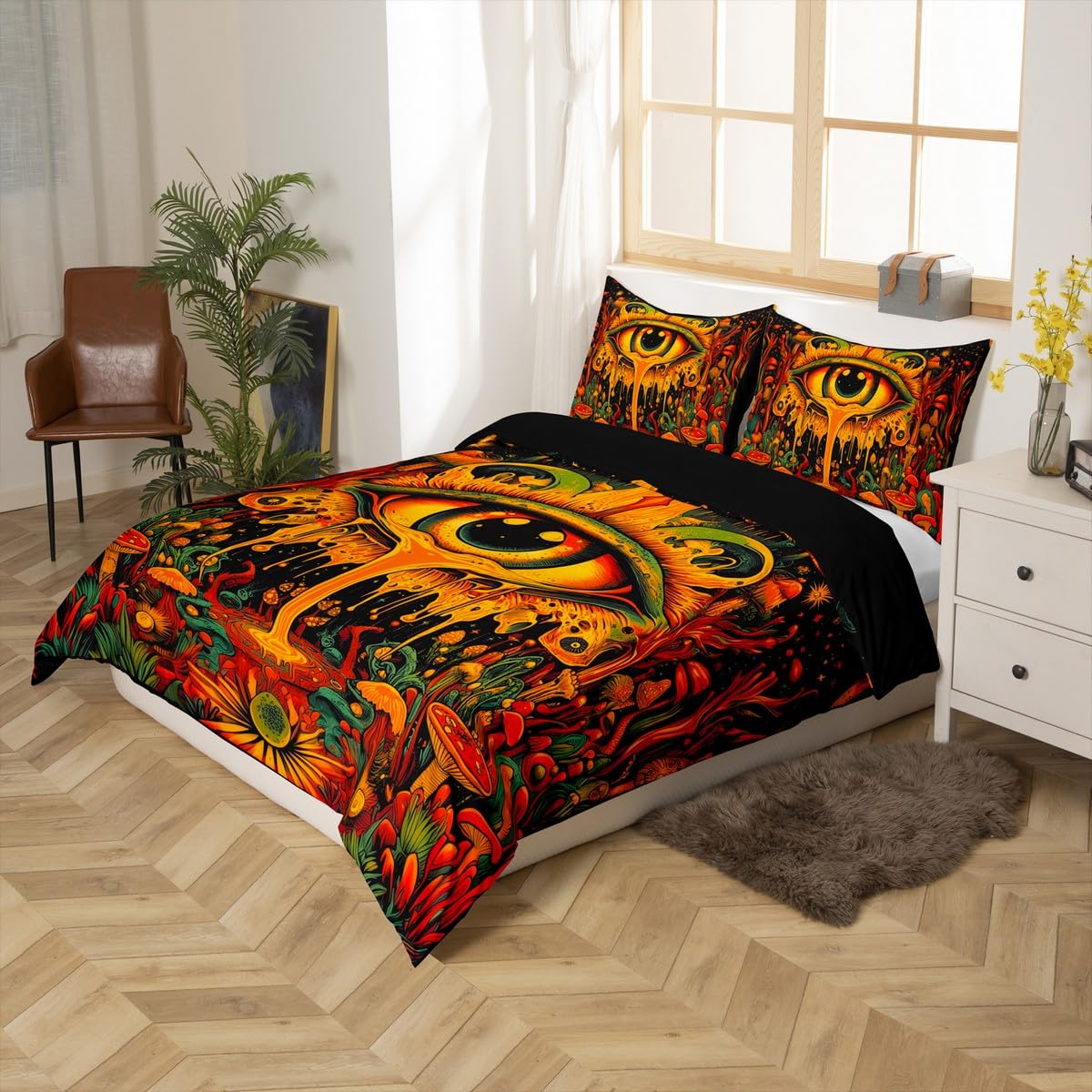 Devil's Eye Duvet Cover Double Size,Terrifying Style Green Plants Comforter Cover for Adults Kids Bedroom Decor,Sun Mushroom Eyeball Decorative Bedding Set(No Comforter),2 Pillowcases - Image 3