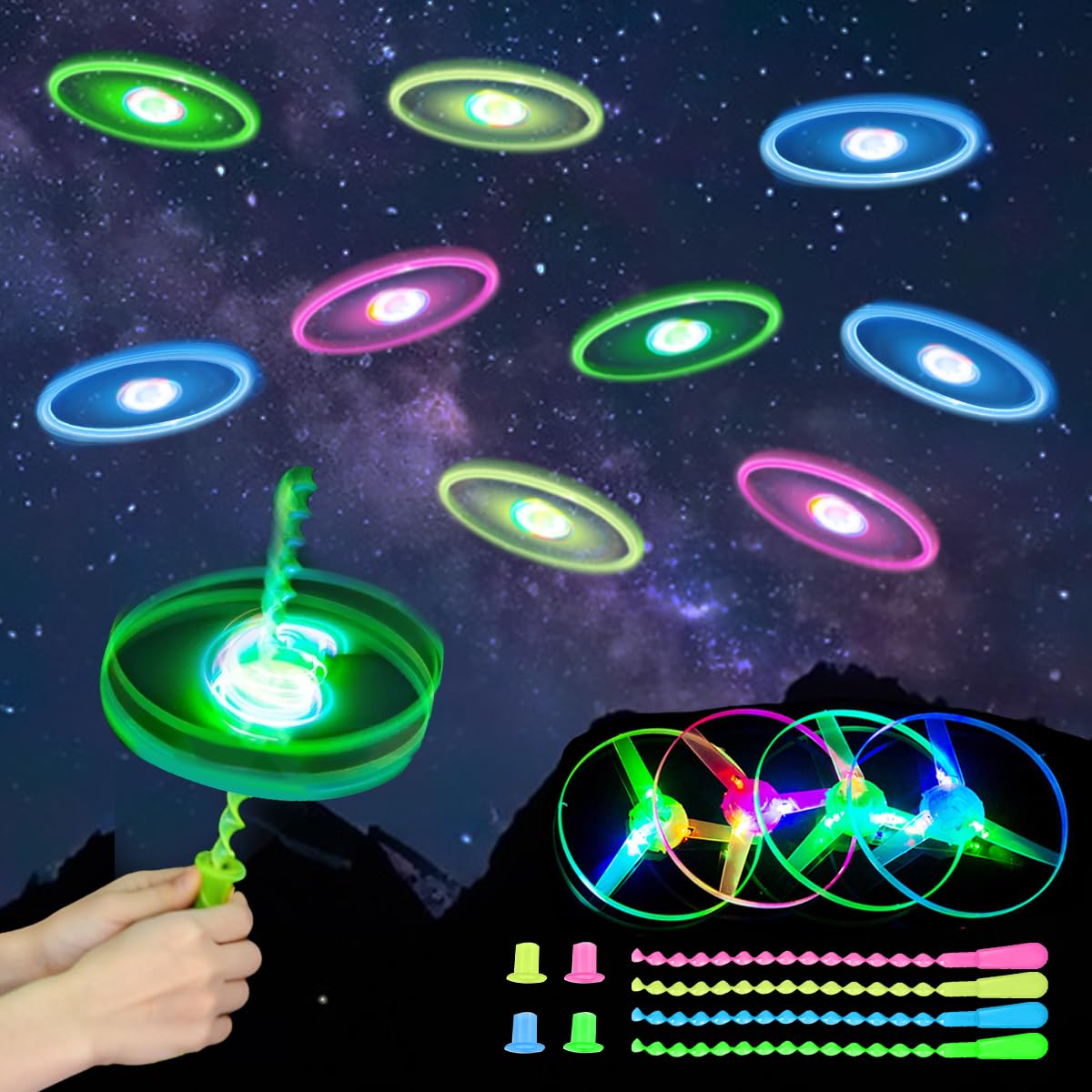 LGZIN 12 Piezas Helicóptero Vuelo Juguete, Juguetes Voladores Iluminados, Disco Volador de Juguete, Juguetes Voladores para Aire Libre como Regalos Cumpleaños para Niños