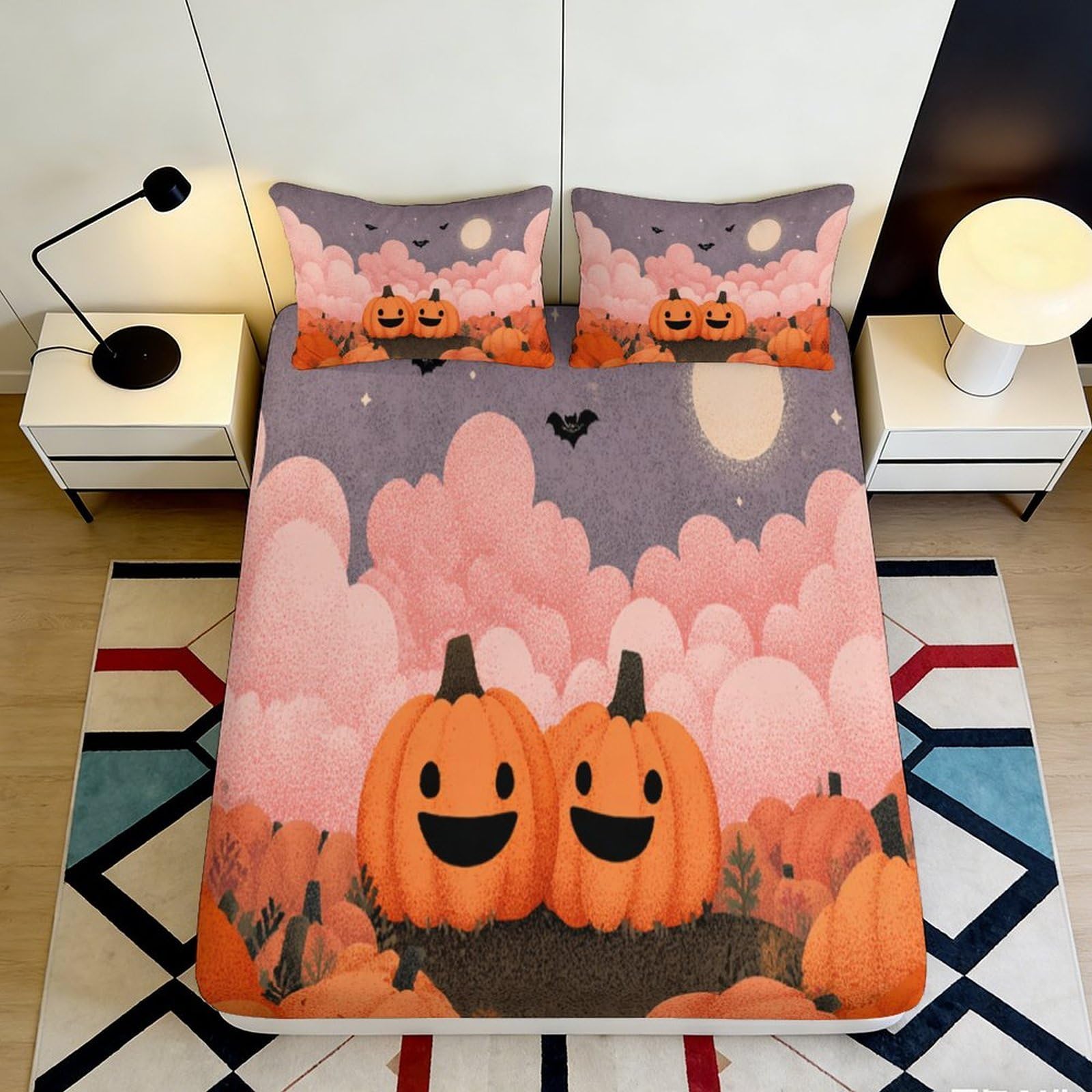 3D Printed Fitted Sheet with Pumpkin Cartoon, Microfiber Soft Touch, Wrinkle Resistant, Bed Cover for Bedroom or Guest Room, Halloween Theme, Easy Care, Apartment Bedding, 120x200cm 90x200x25cm