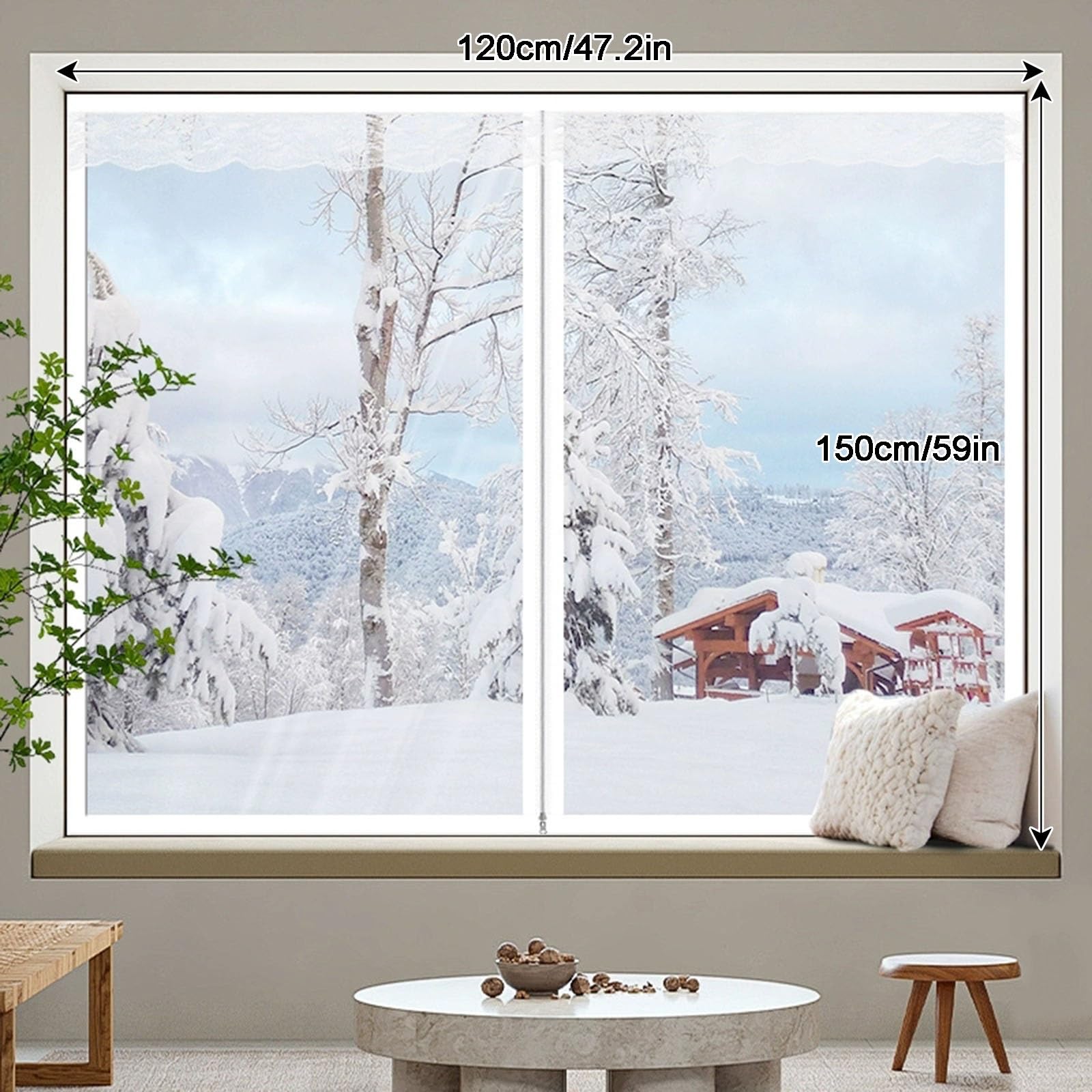 Selbstklebende Transparente Thermovorhang, Winddichte, Schalldichte Thermovorhänge mit Reißverschlüssen, für Alle Arten von Fenstern(White,120X150cm)
