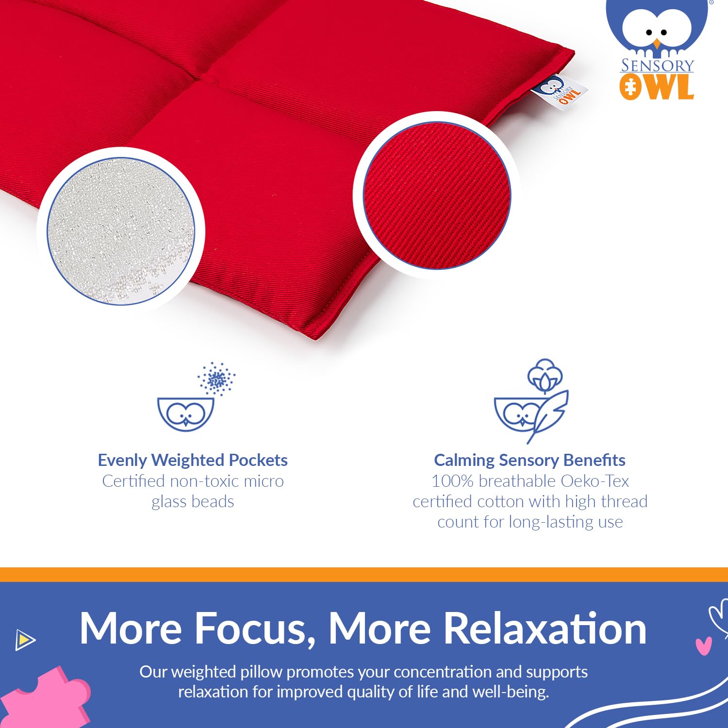 Sensory Owl Weighted Lap Pad For Kids And Adults Cotton Pillow To Relive Stress Anxiety Self-Calming Relaxing 4kg 30 x 40 cm Red - Image 2