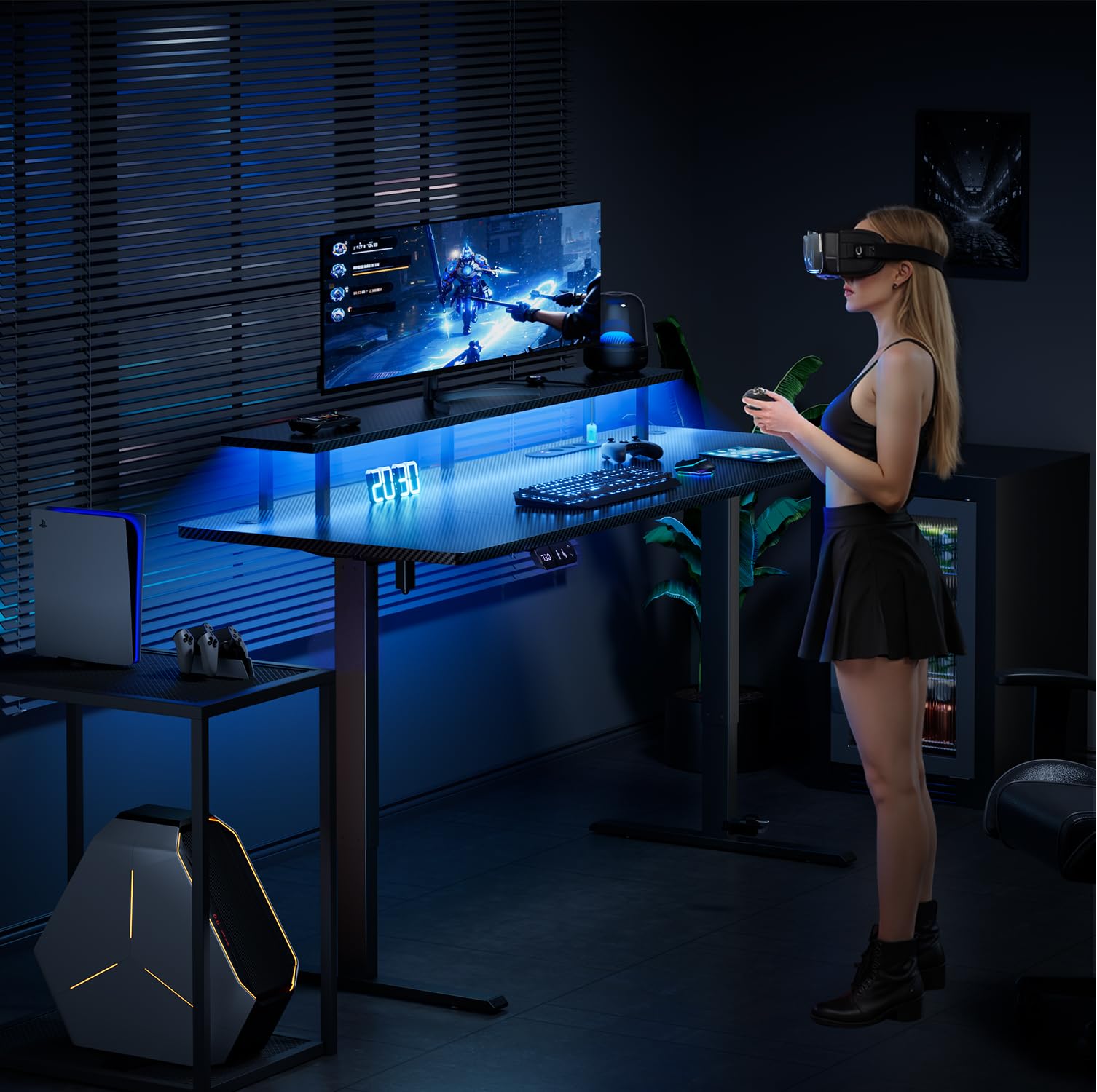 HLFURNIEU LED Bureau Assis Debout Electrique 120 x 60 cm, Bureau Gaming avec Prise Intégrée & Port USB, Table Ordinateur avec Support d'Écran, 2 Contrôle à Fonctions Mémoires, Table Gaming Noir