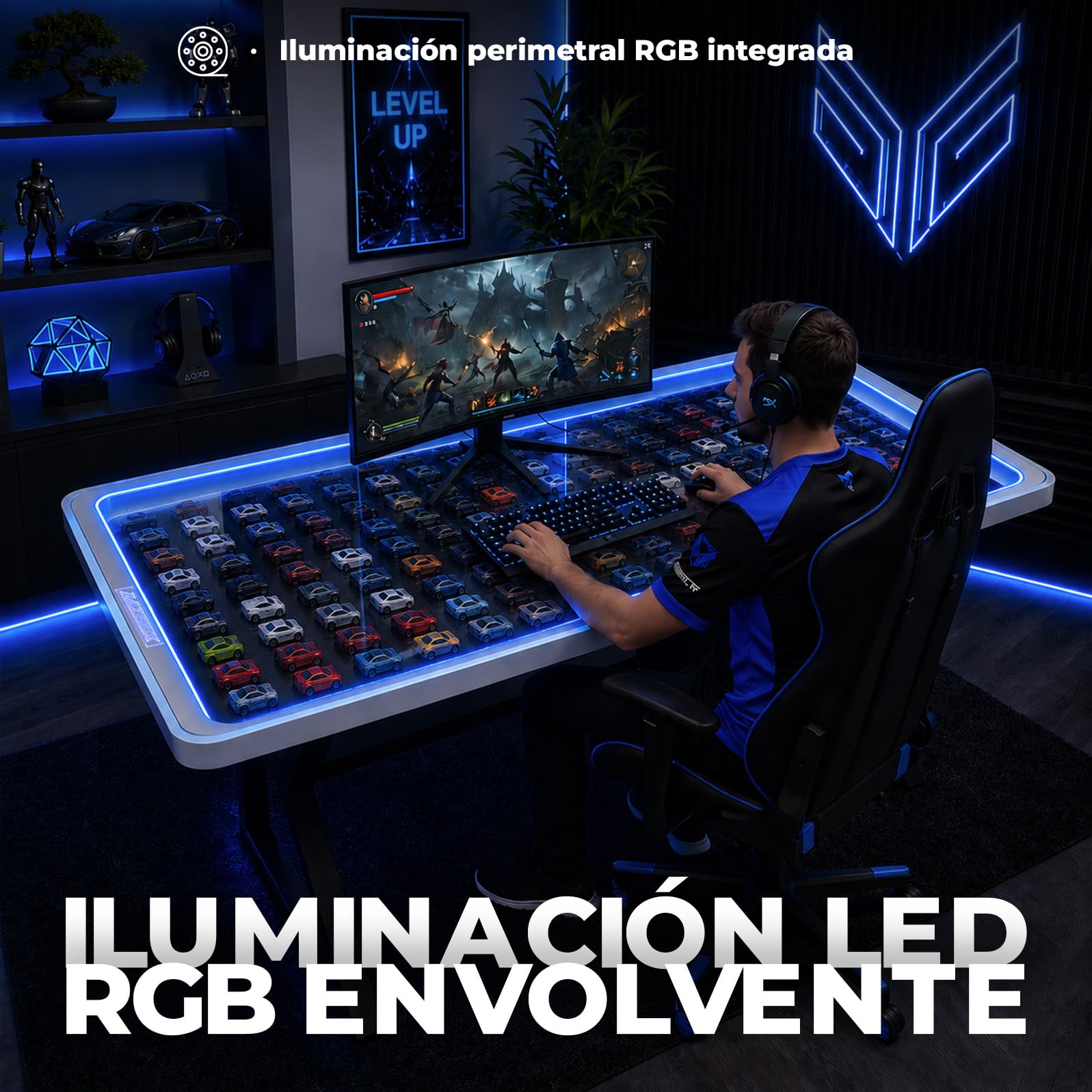 Escritorio Mesa Escritorio Elevable o Fijo Gamer Con Iluminacion Led Superficie PERSONALIZA TU MISMO LA TEMATICA Estructura Metalica Altura Ergonómica Configuración Juvenil BLANCO O NEGRO 160x60
