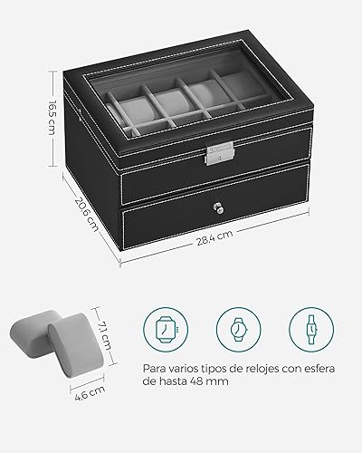Vista 6 de SONGMICS Caja de reloj, organizador de 20 ranuras para reloj con tapa de vidrio grande, almohadas extraíbles, cerradura de metal, regalo para seres